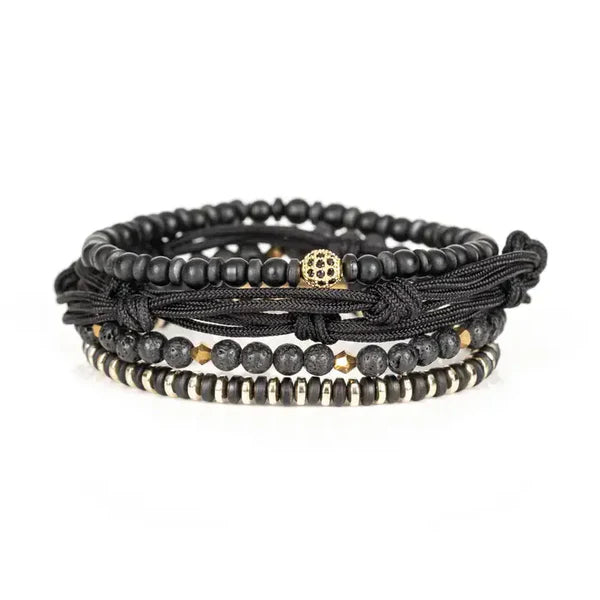 Black & Gold Layered Men’s Bracelet Set Lava Stone Rope Wrap & Matte Bead Stack