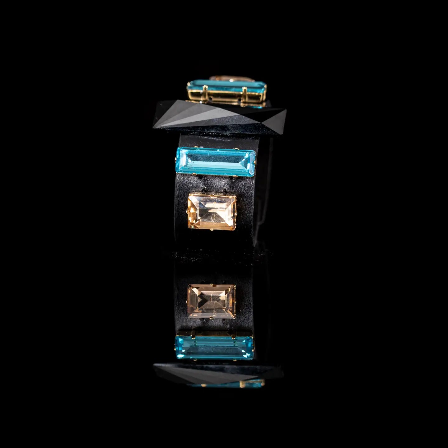 Black Leather Cuff with Blue & Champagne Crystals