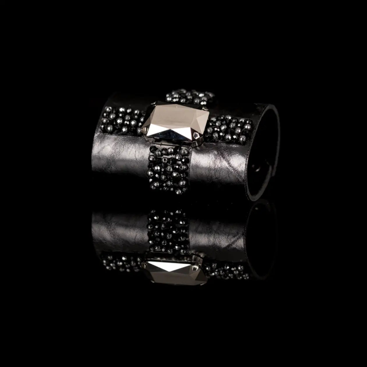 Black Leather Crystal Cuff Bracelet Gunmetal Cross Stone