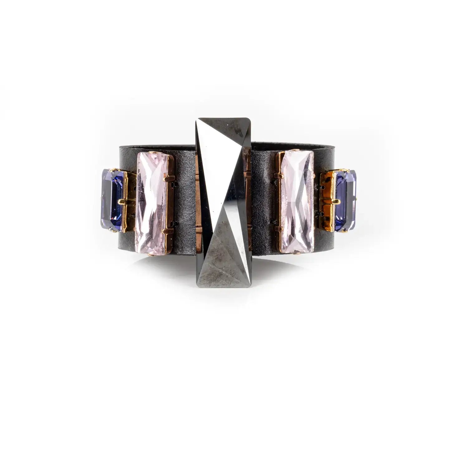 Black Leather Cuff with Blush & Sapphire Crystals