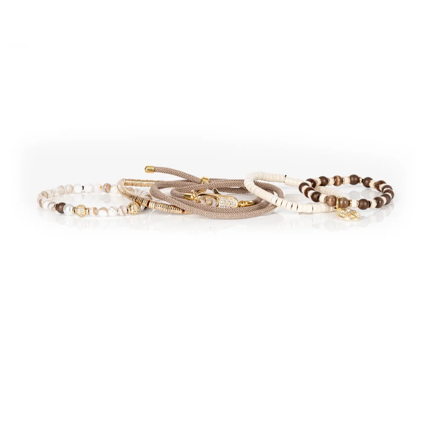 Ivory & Mocha Beaded Bracelet Stack Gold Compass Charm