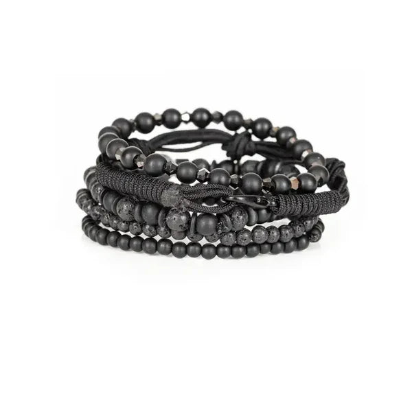 Black Lava Stone Men’s Bracelet Set Matte Beads Rope Wrap & Layered Stack
