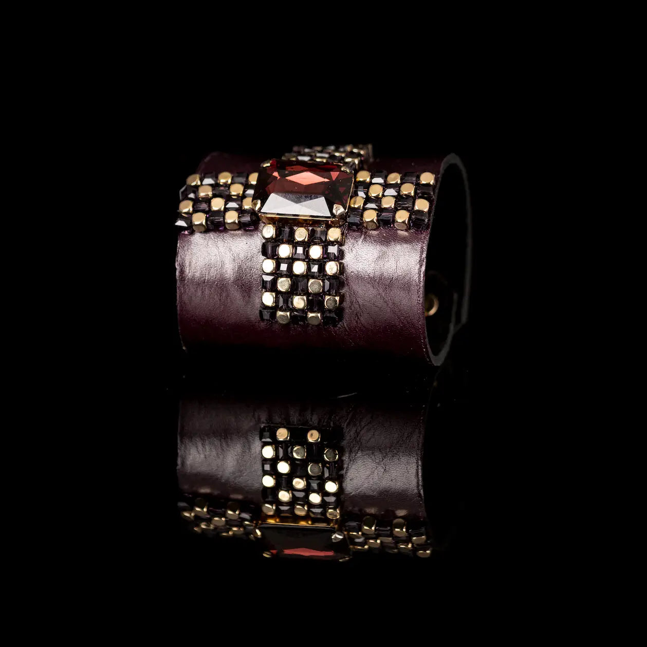 Garnet Crystal Leather Cuff Bracelet Plum & Gold Beaded