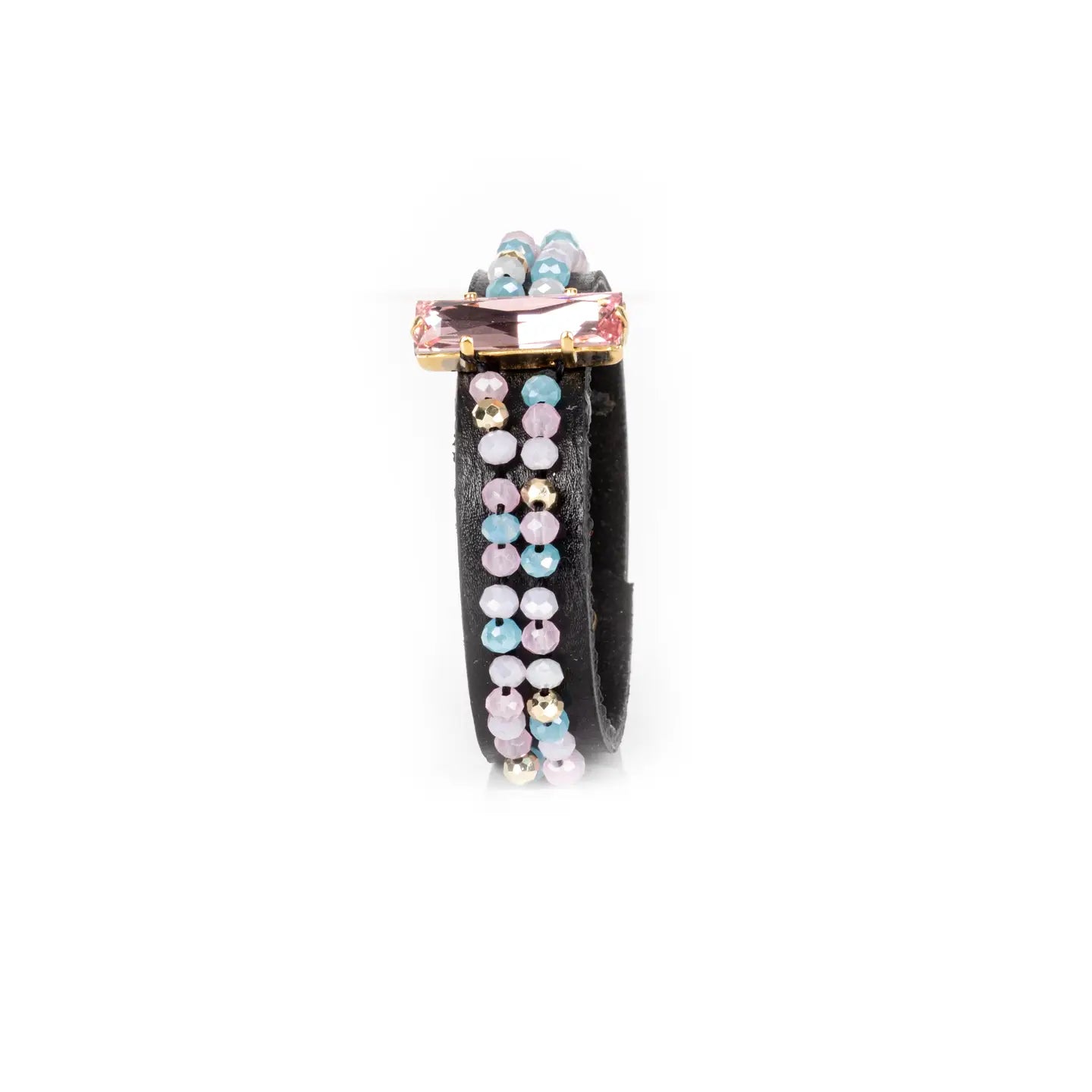 Black Leather Cuff with Blush Crystal Bar and Pastel Bead