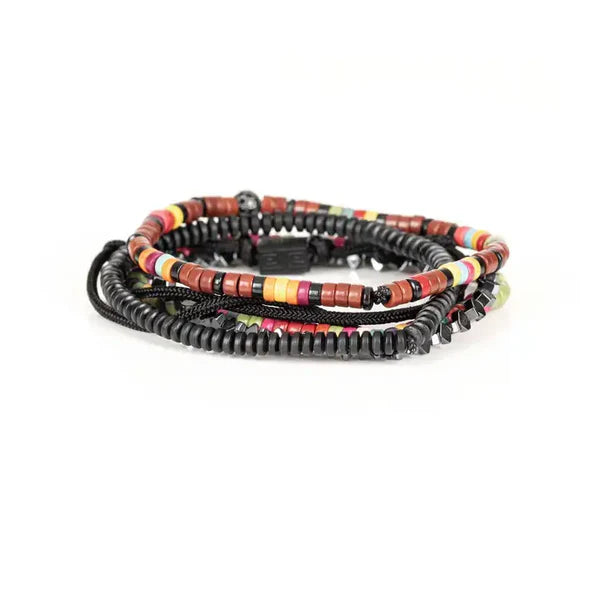 Multicolor Multi Layer Bracelet Set Hematite Rope & Geometric Beaded Stack