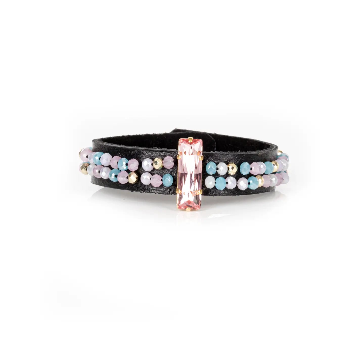 Black Leather Cuff with Blush Crystal Bar and Pastel Bead