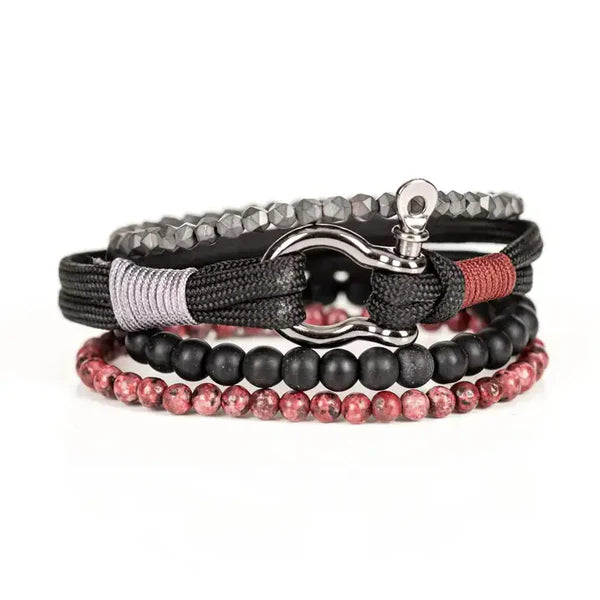 Black & Red Multi Layer Bracelet with Hook Clasp Hematite Matte Onyx & Natural Stone Stack