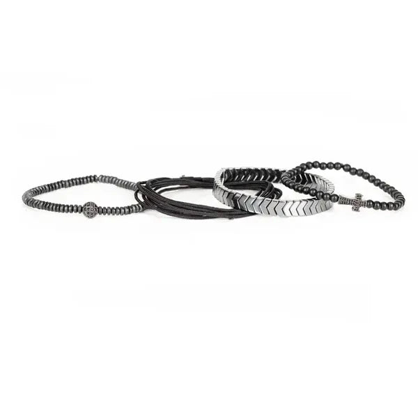 Black & Silver Cross Men’s Bracelet Set Chevron Bar Matte Beads & Rope Wrap Stack