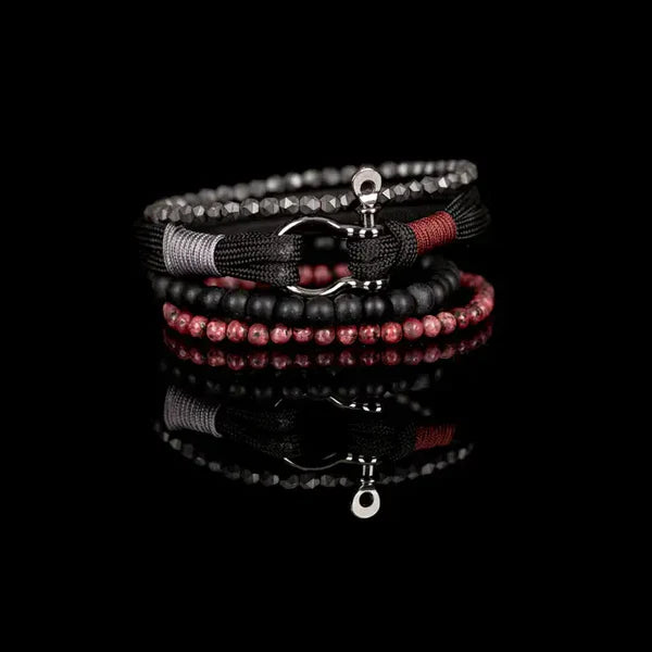 Black & Red Multi Layer Bracelet with Hook Clasp Hematite Matte Onyx & Natural Stone Stack