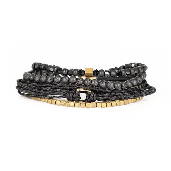 Black & Gold Layered Men’s Bracelet Set Lava Stone Rope Wrap & Geometric Bead Stack