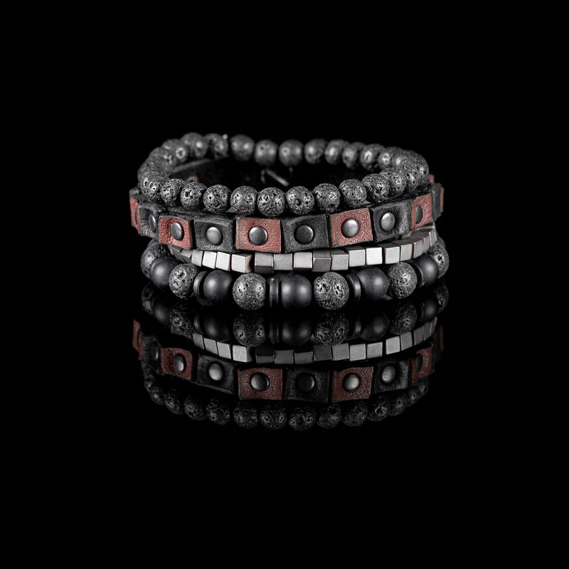 Triple Layer Black Lava Stone & Leather Bracelet Set for Men
