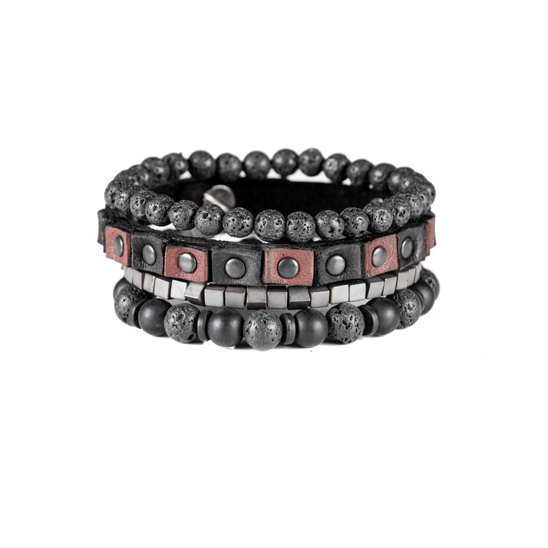 Triple Layer Black Lava Stone & Leather Bracelet Set for Men