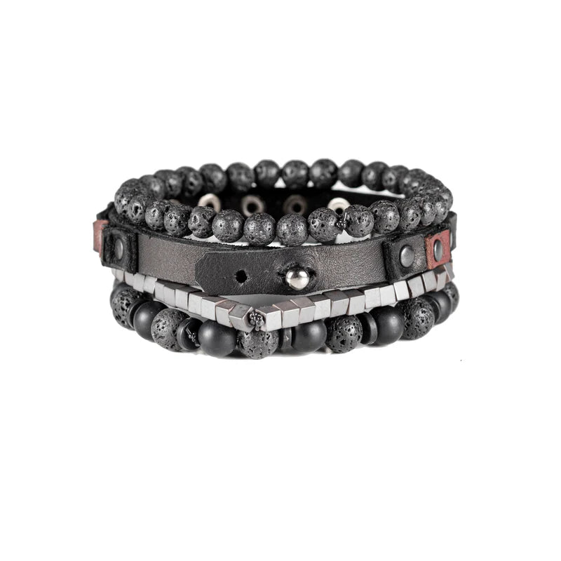 Triple Layer Black Lava Stone & Leather Bracelet Set for Men