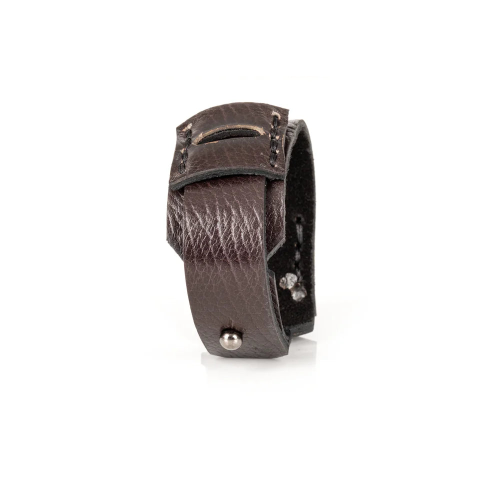 Handcrafted men's genuine leather cuff bracelet in dark brown with a wide layered wrap design, hand-stitched detailing, and a minimalist artisan closure. Premium handmade men's leather wristband photographed on a clean white background.