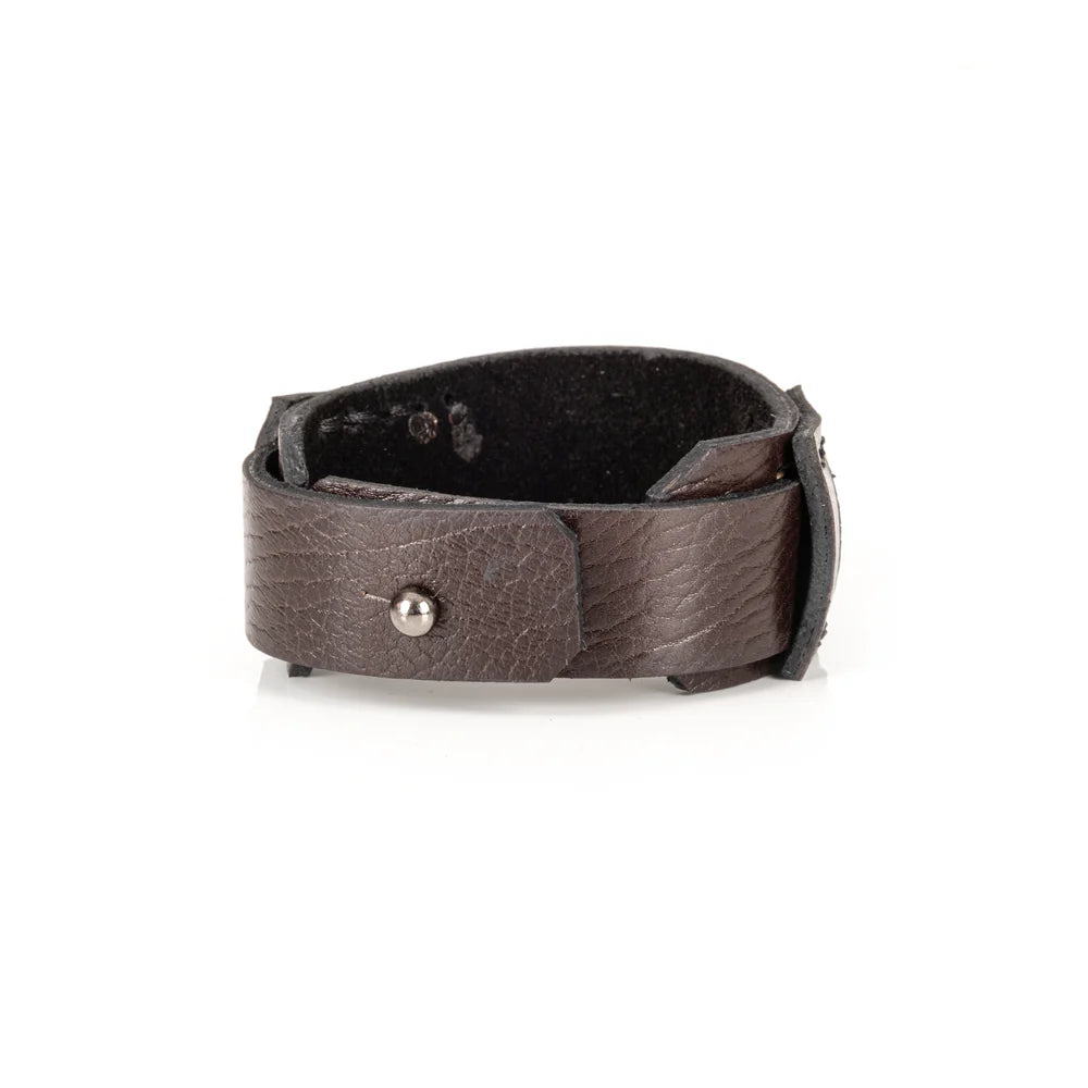 Handcrafted men's genuine leather cuff bracelet in dark brown with a wide layered wrap design, hand-stitched detailing, and a minimalist artisan closure. Premium handmade men's leather wristband photographed on a clean white background.