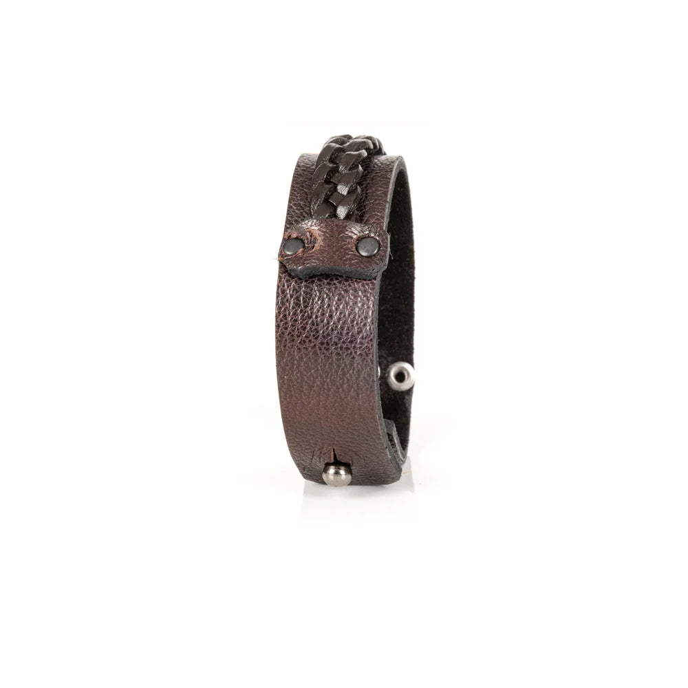 Men's handcrafted genuine leather cuff bracelet in dark brown featuring a woven braided leather center panel, matte black rivet accents, and a sleek minimalist design. Premium artisan men's leather wristband photographed on a clean white background.