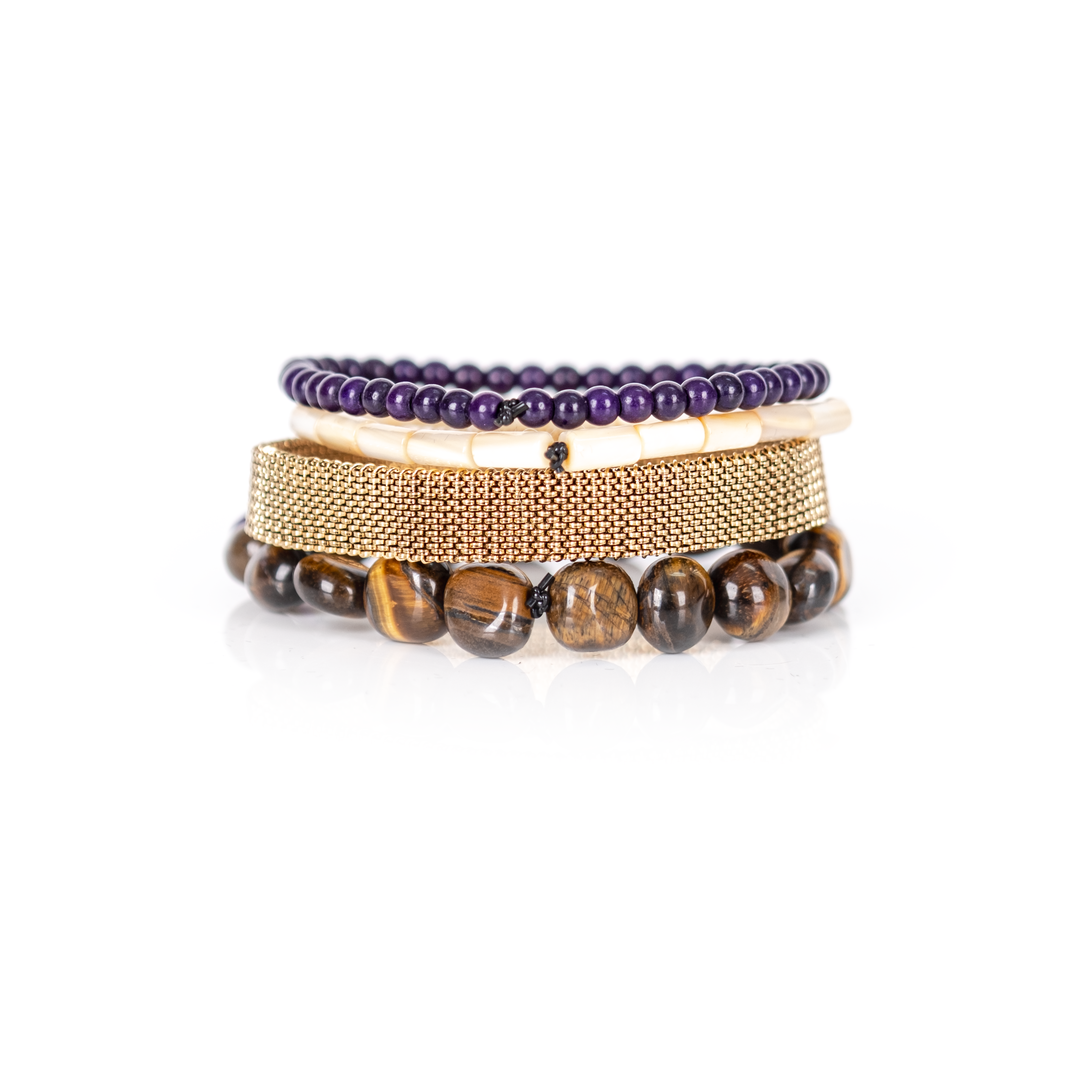 Amethyst, Tiger Eye & Gold Mesh Bracelet Stack