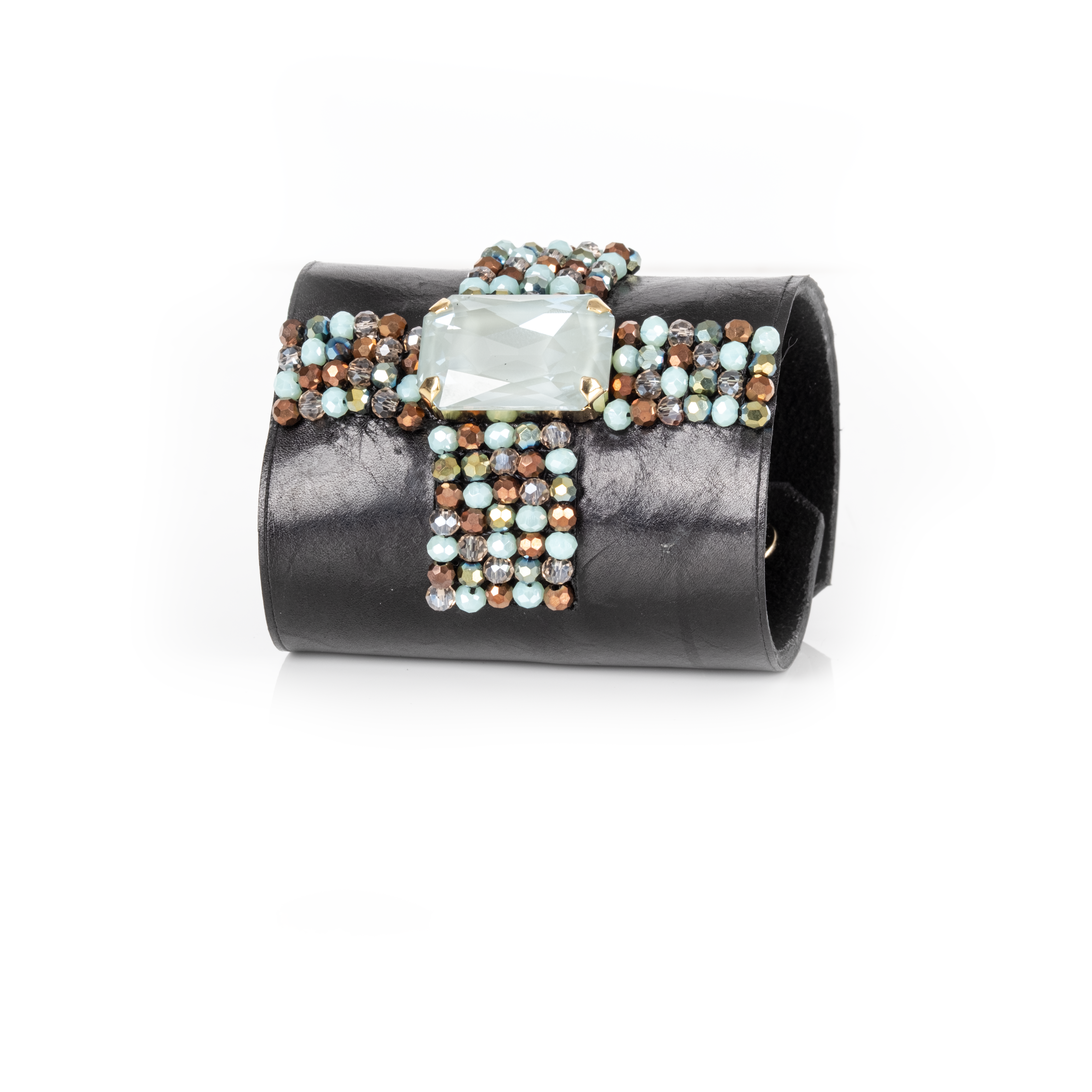 Ice Mint Crystal Leather Cuff Bracelet Beaded Cross