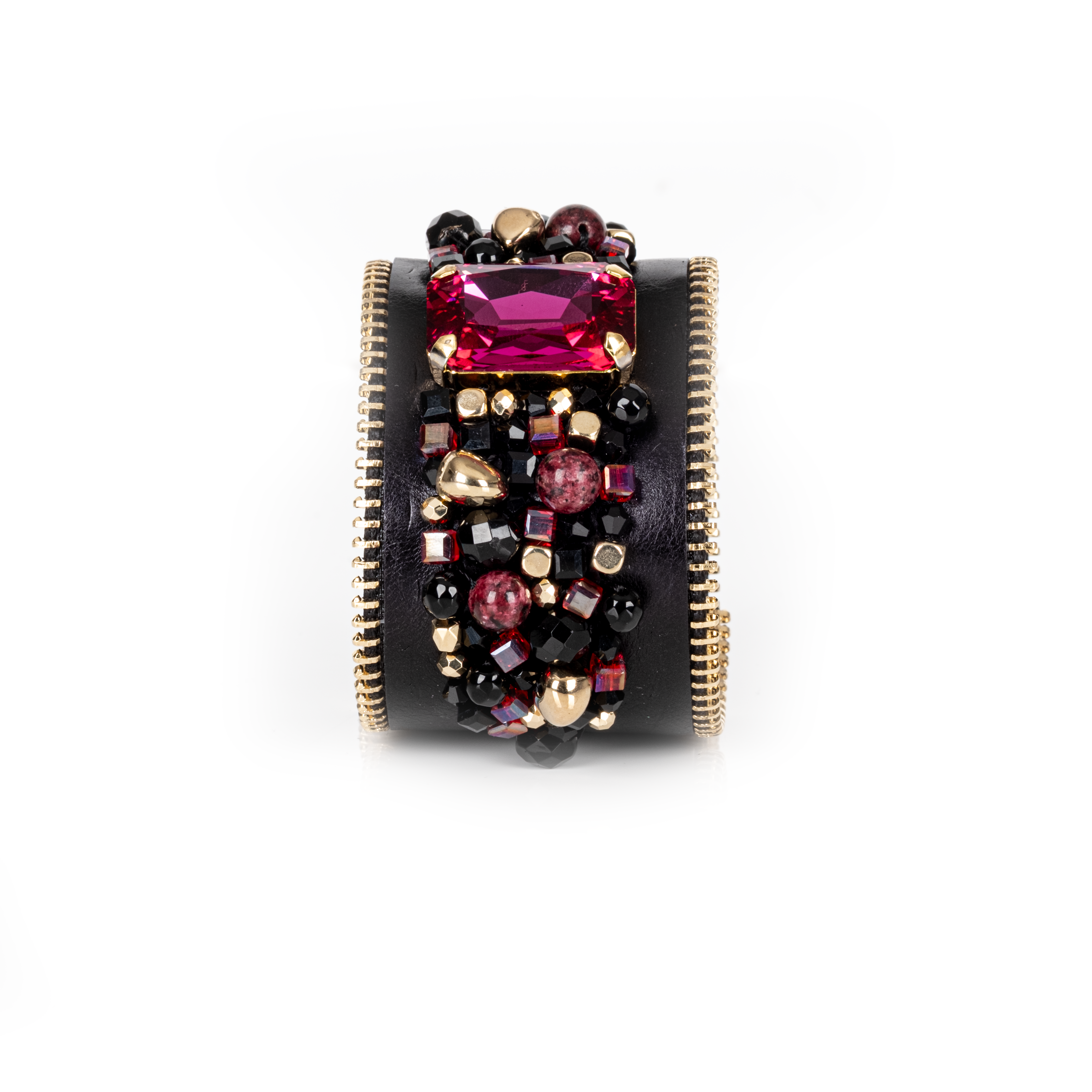 Black Leather Crystal Statement Cuff Ruby Glass & Gold Zip