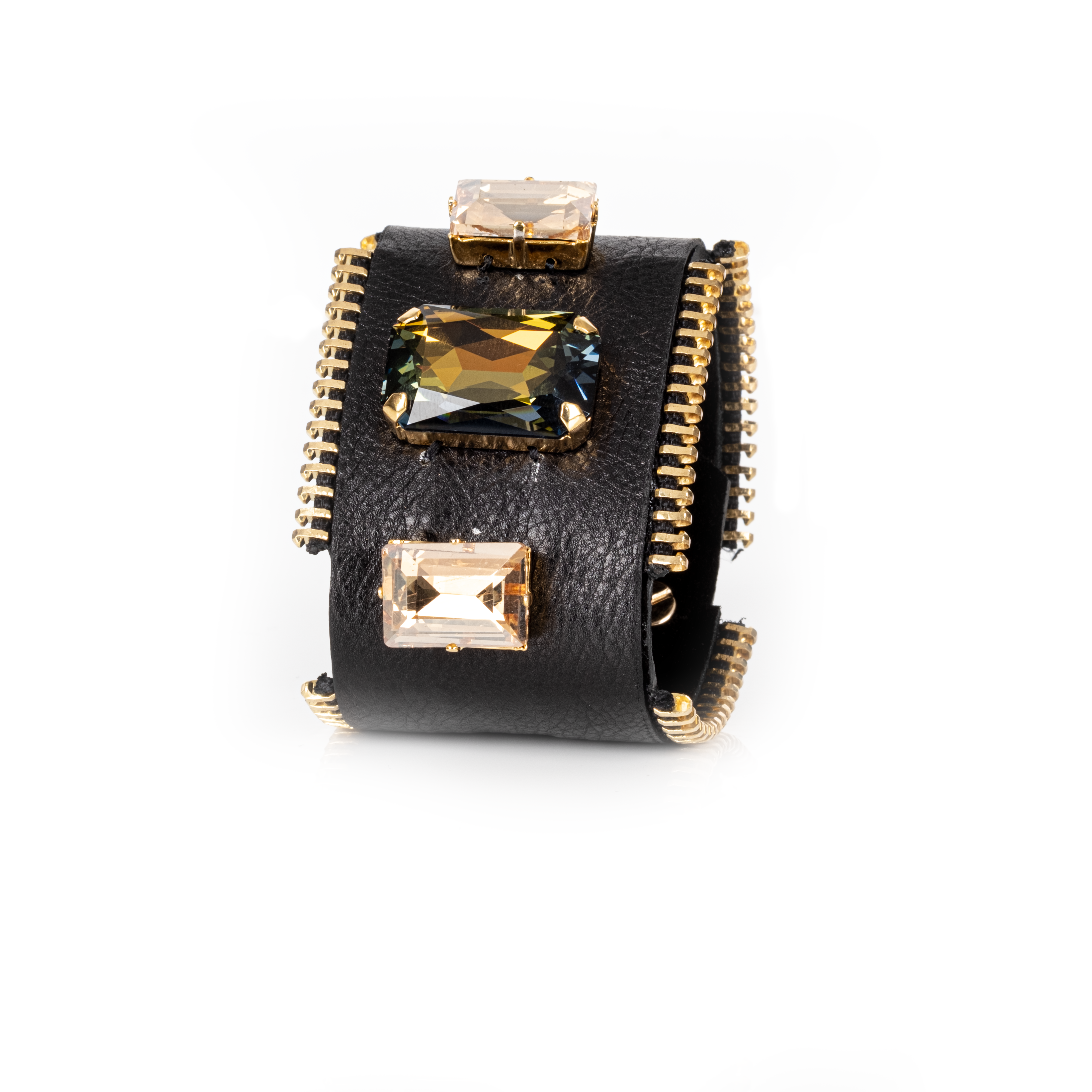 Black Leather Triple Crystal Statement Cuff Gold Zipper