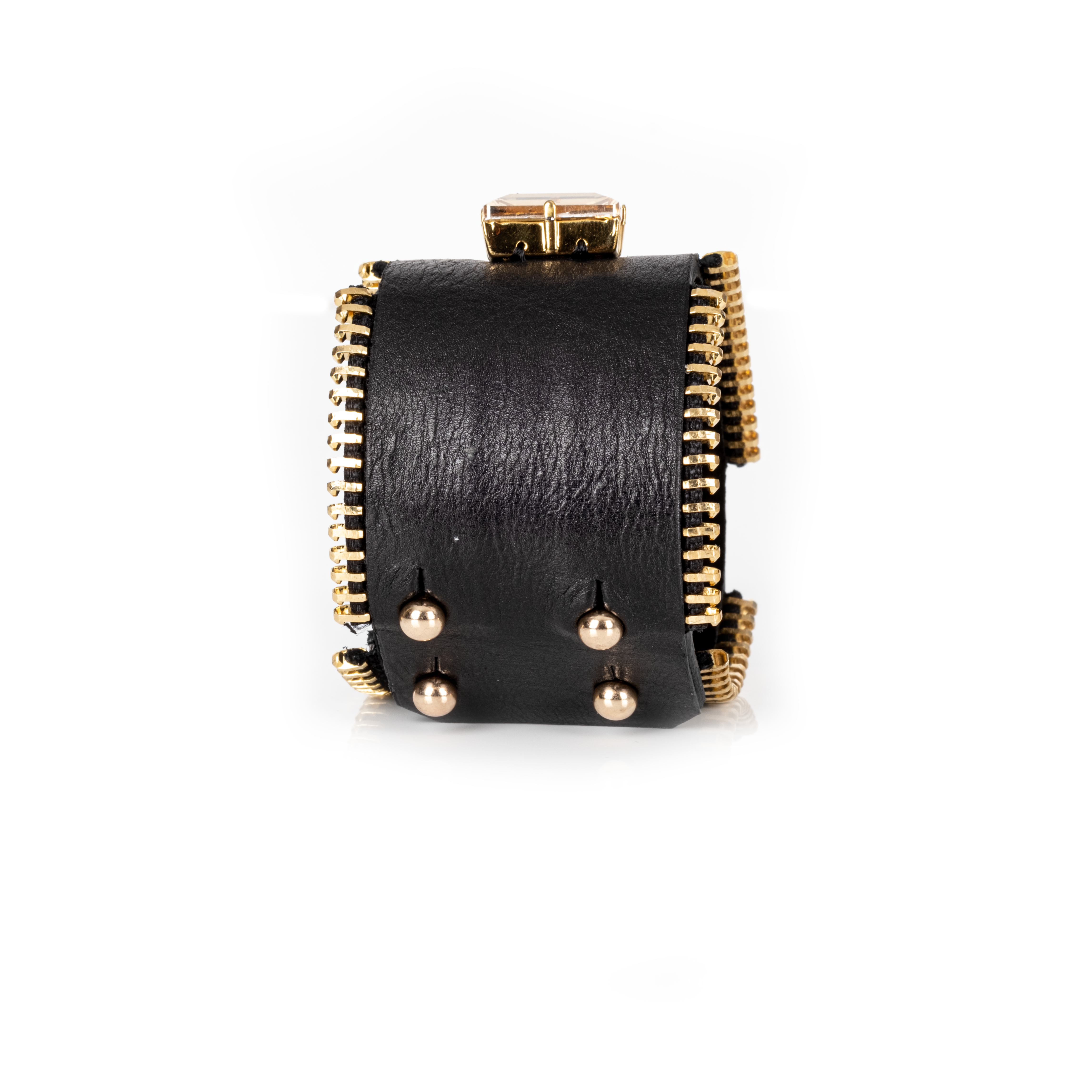 Black Leather Triple Crystal Statement Cuff Gold Zipper