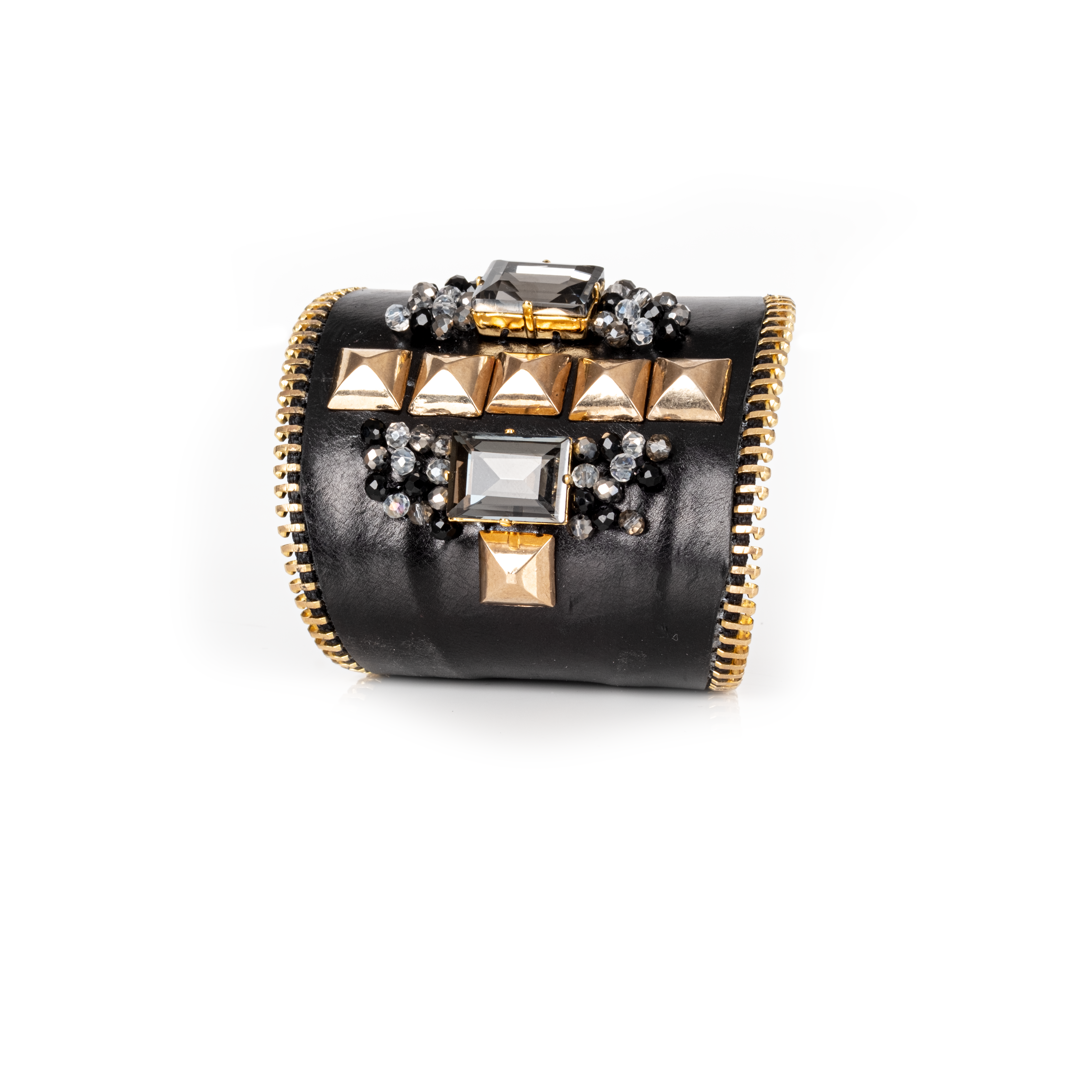 Black Leather Studded Cuff with Crystals & Gold Zipper Edge