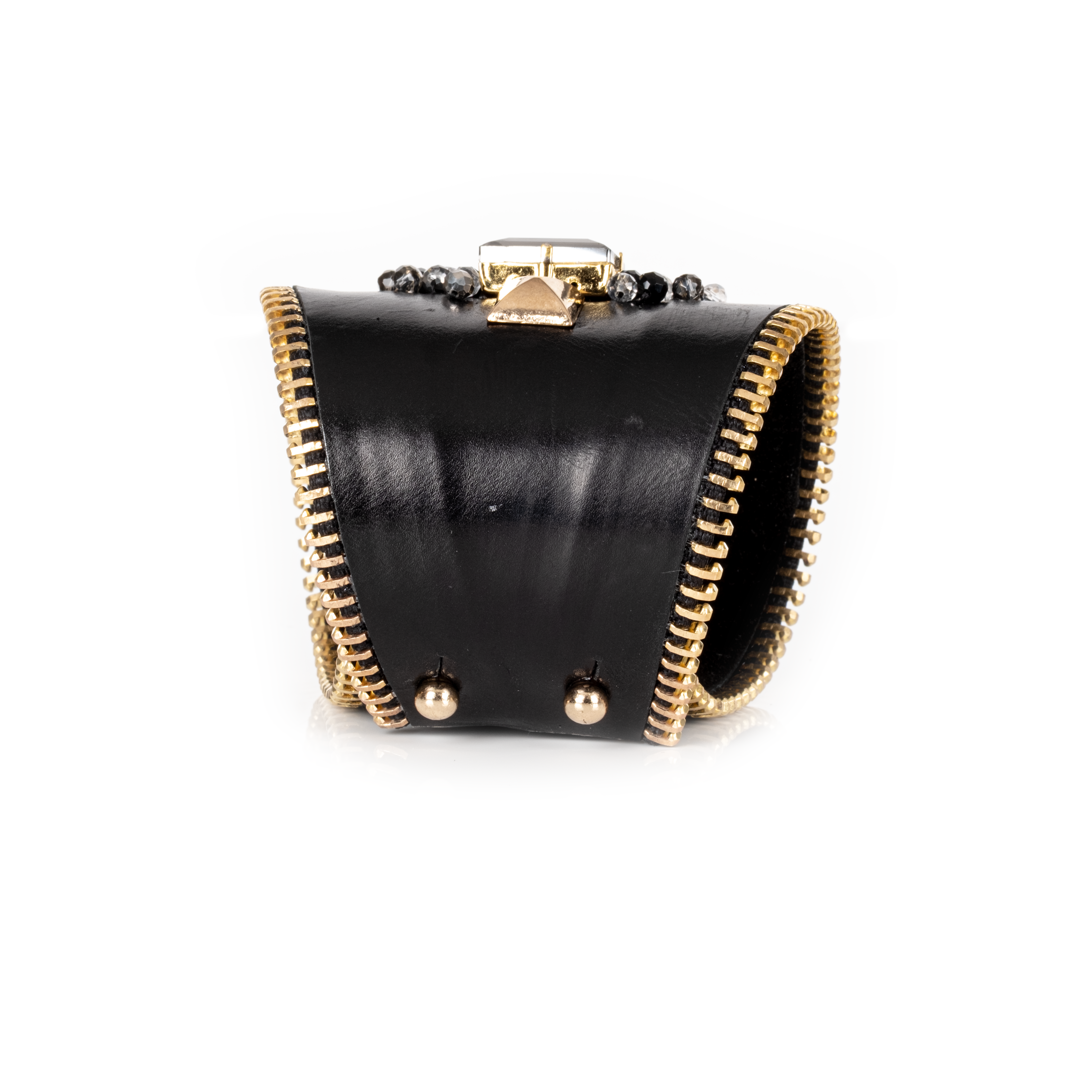 Black Leather Studded Cuff with Crystals & Gold Zipper Edge