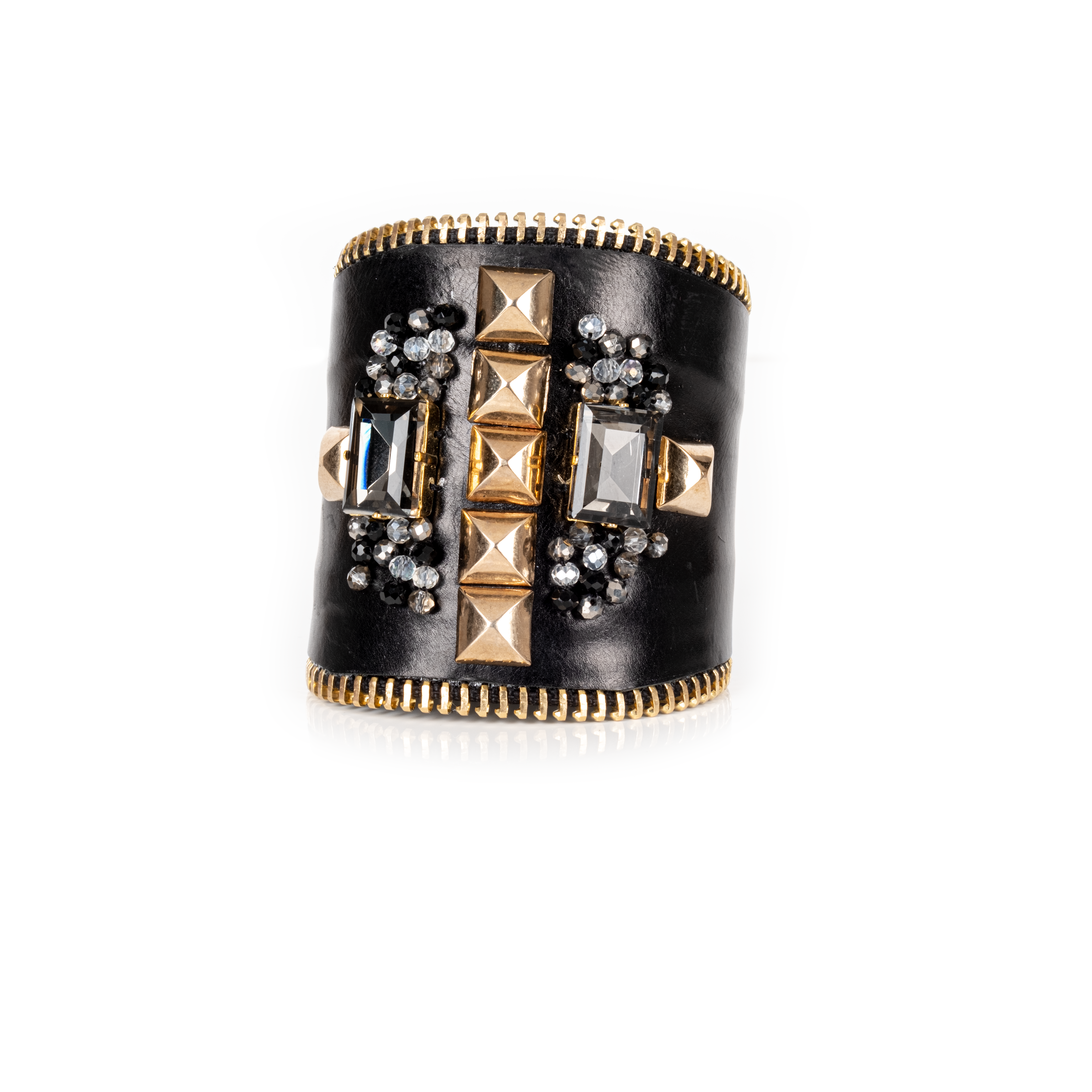 Black Leather Studded Cuff with Crystals & Gold Zipper Edge