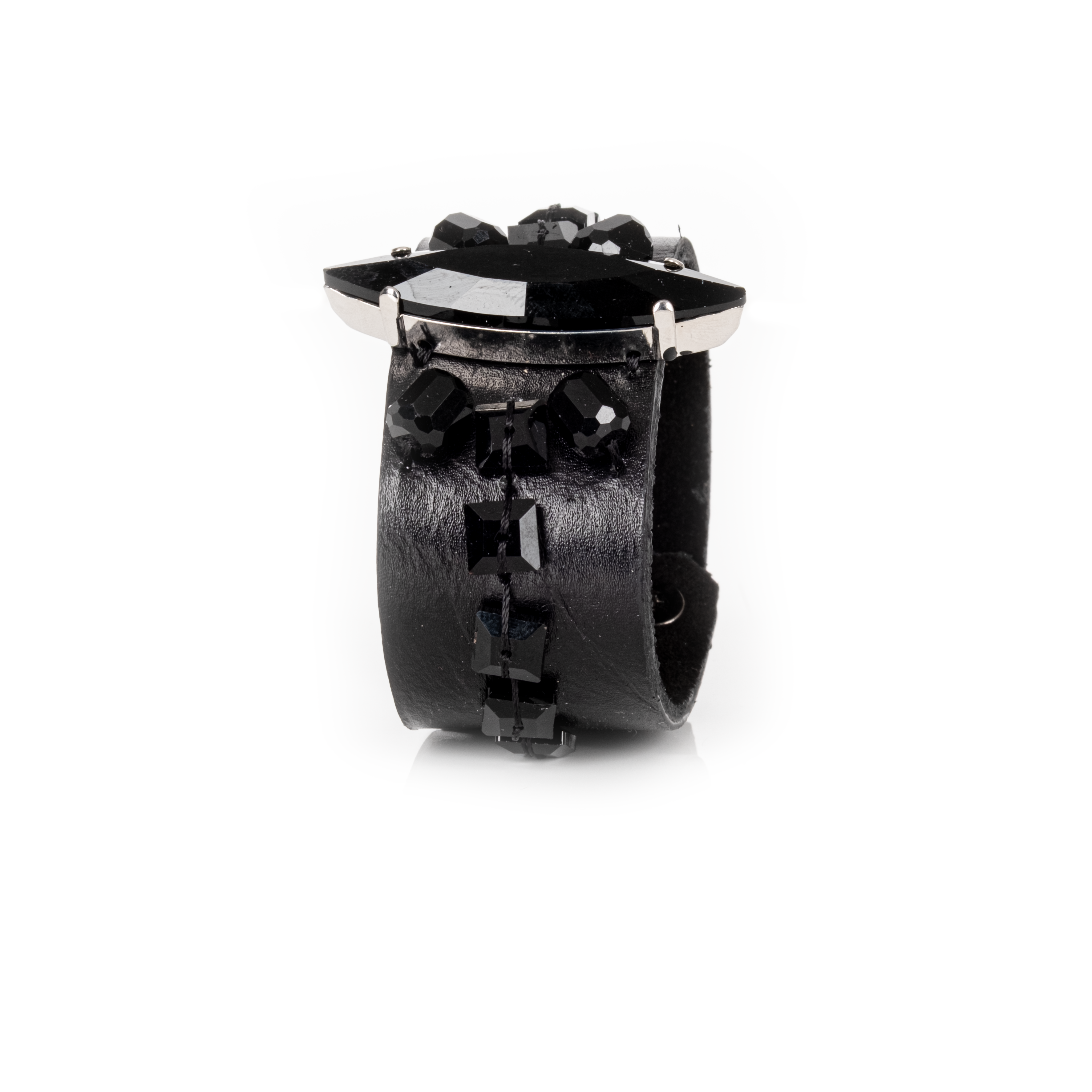 Black Leather Cuff with Faceted Black Crystals