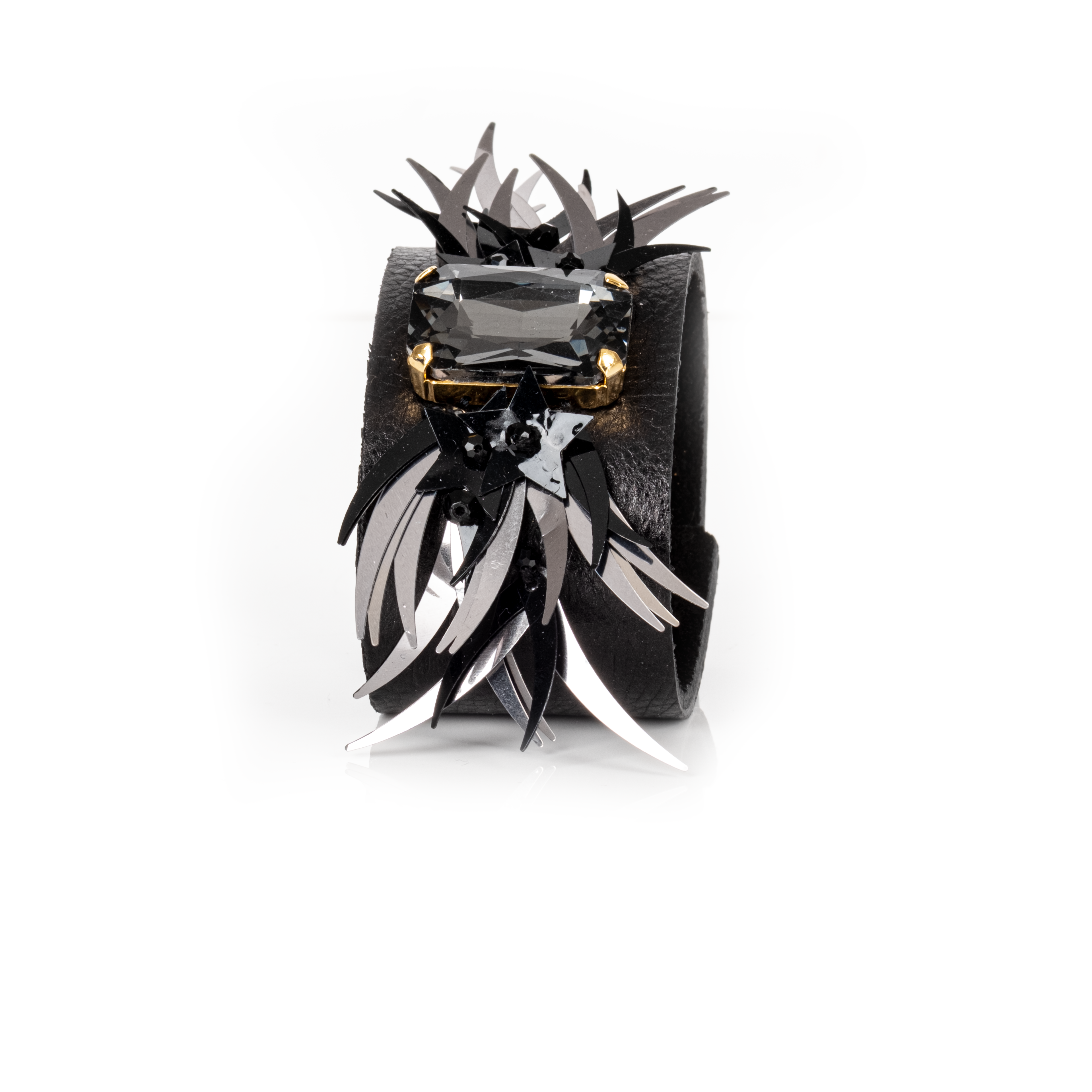 Black Leather Cuff with Faceted Crystal and Sculptural Metal