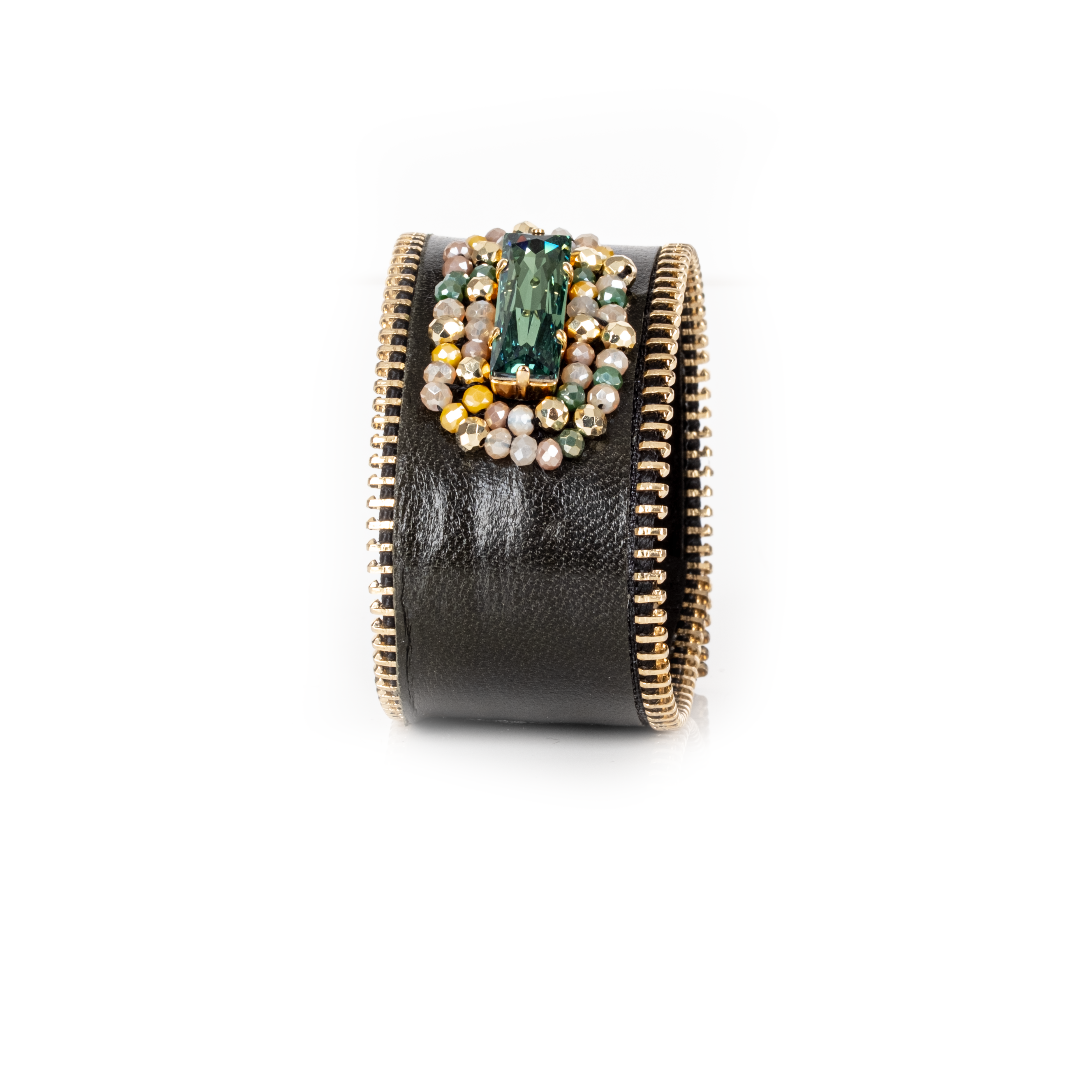 Black Leather Zipper Cuff with Emerald-Tone Crystal and Beads