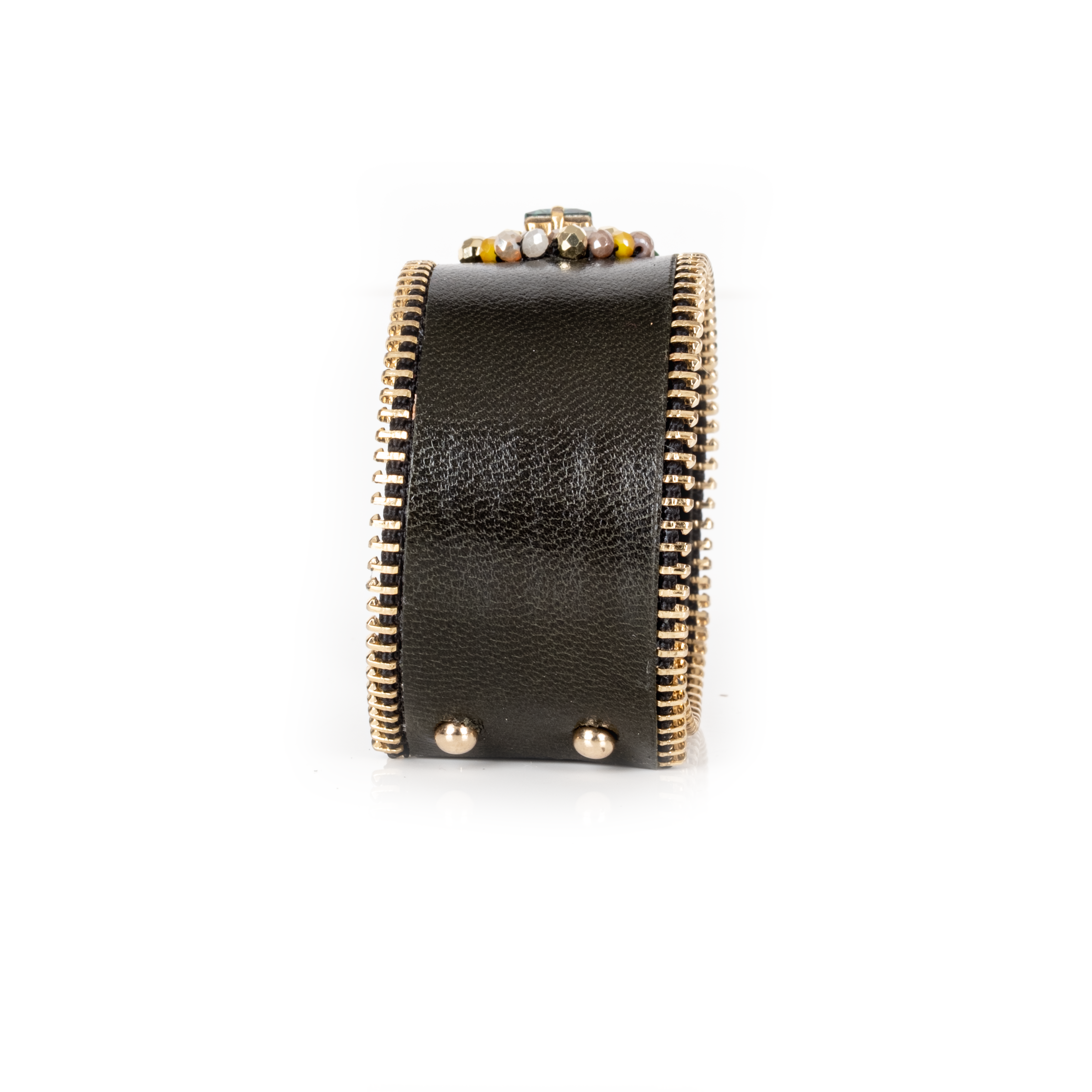 Black Leather Zipper Cuff with Emerald-Tone Crystal and Beads
