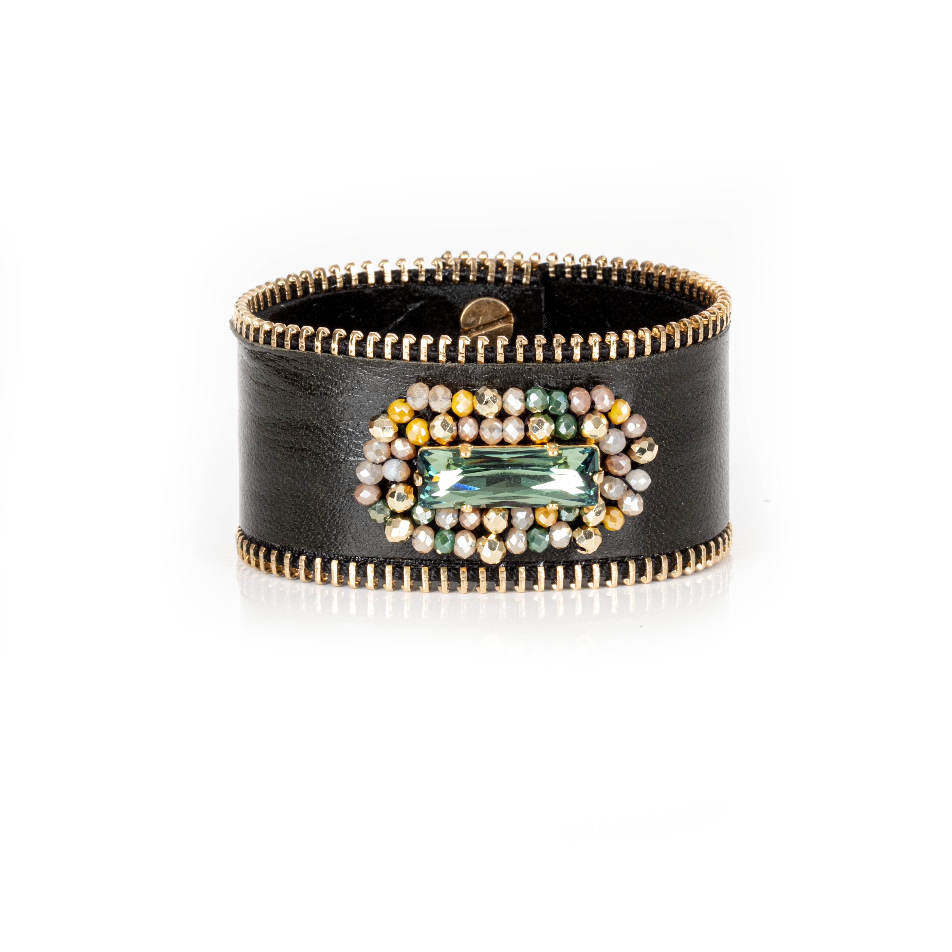 Black Leather Zipper Cuff with Emerald-Tone Crystal and Beads