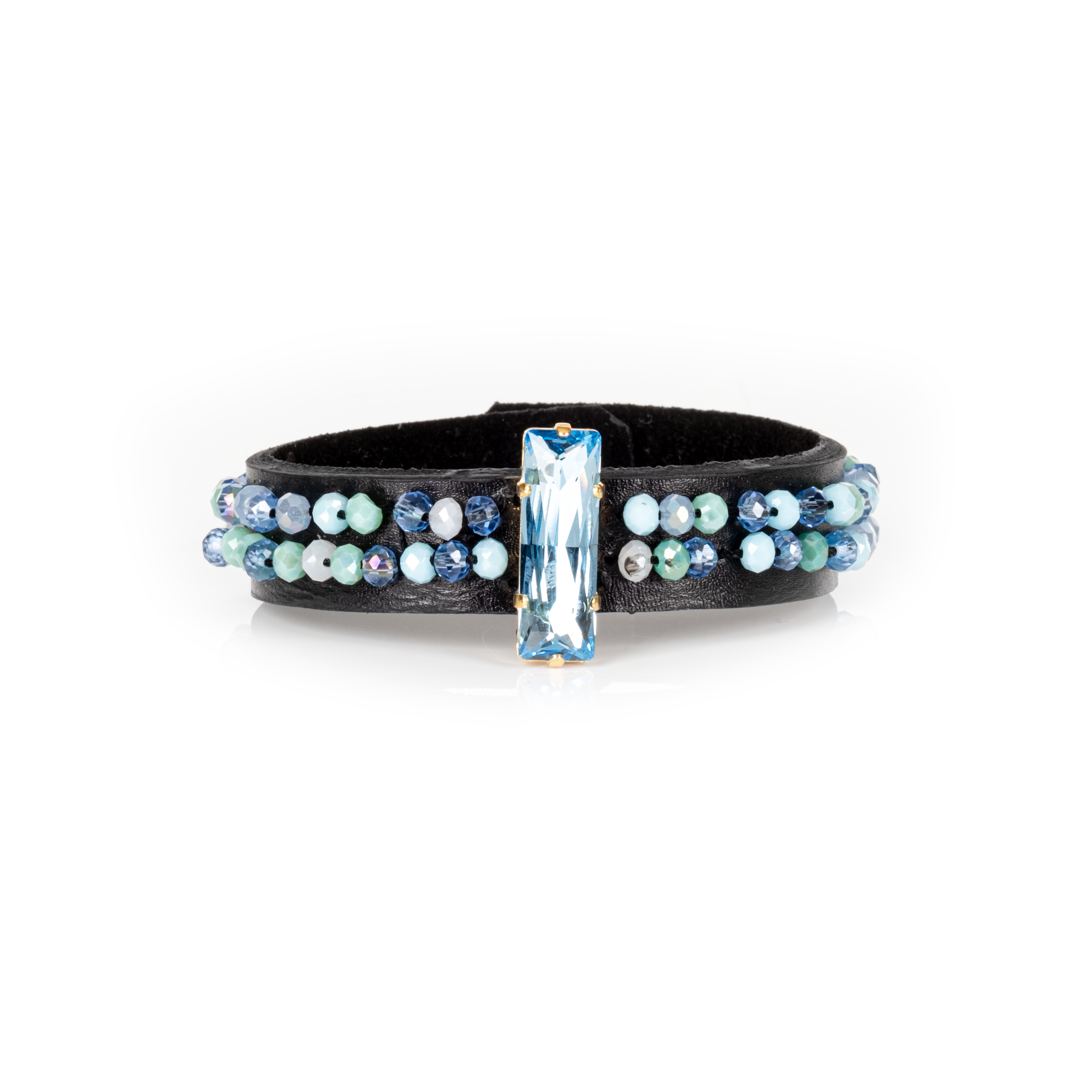 Azure Crystal Beaded Leather Cuff Bracelet