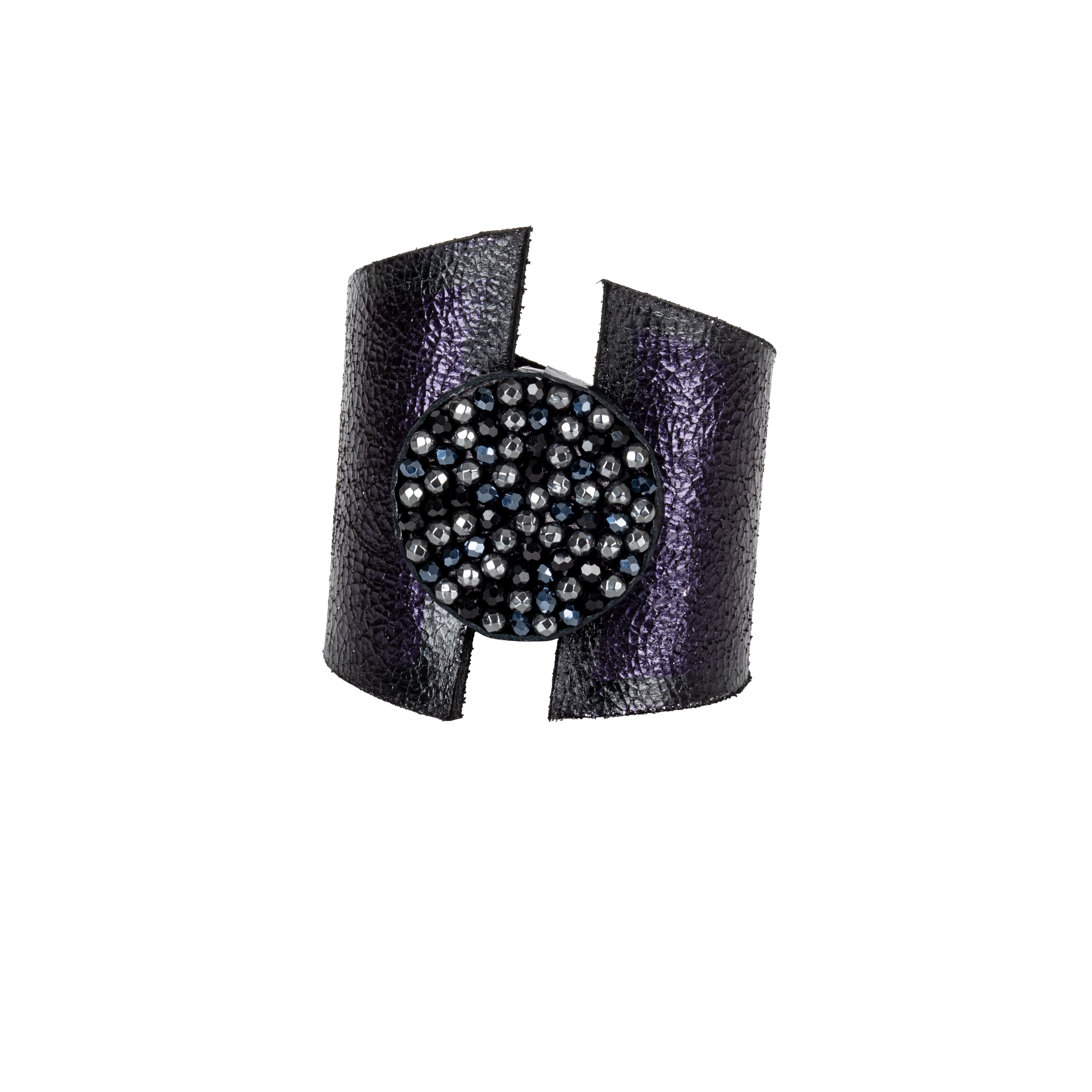 Purple metallic leather cuff bracelet with black crystal stud circle centerpiece, handmade statement bracelet by THE DARK