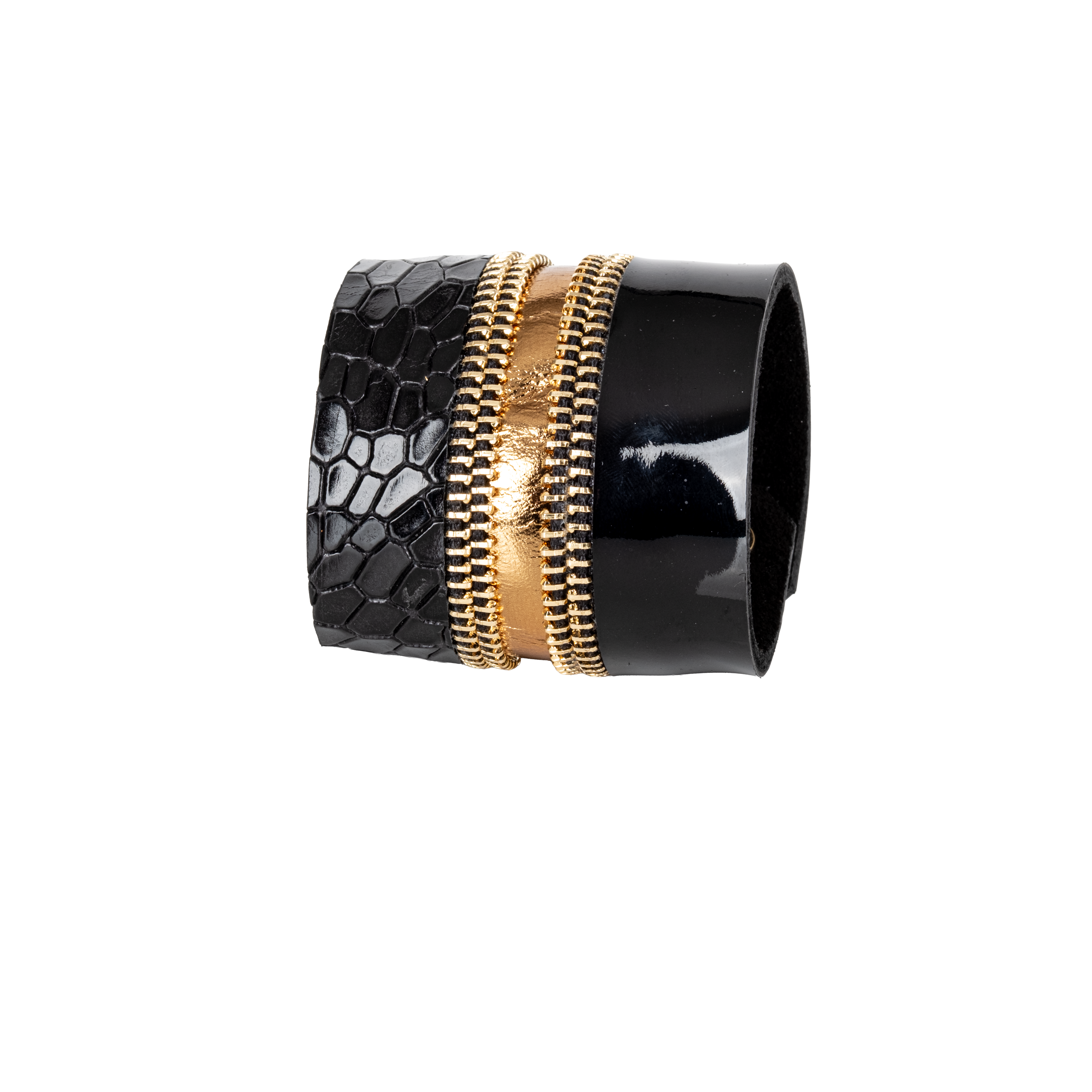 Black leather cuff bracelet with gold metallic center and zipper detail, textured reptile leather statement bracelet by THE DARK