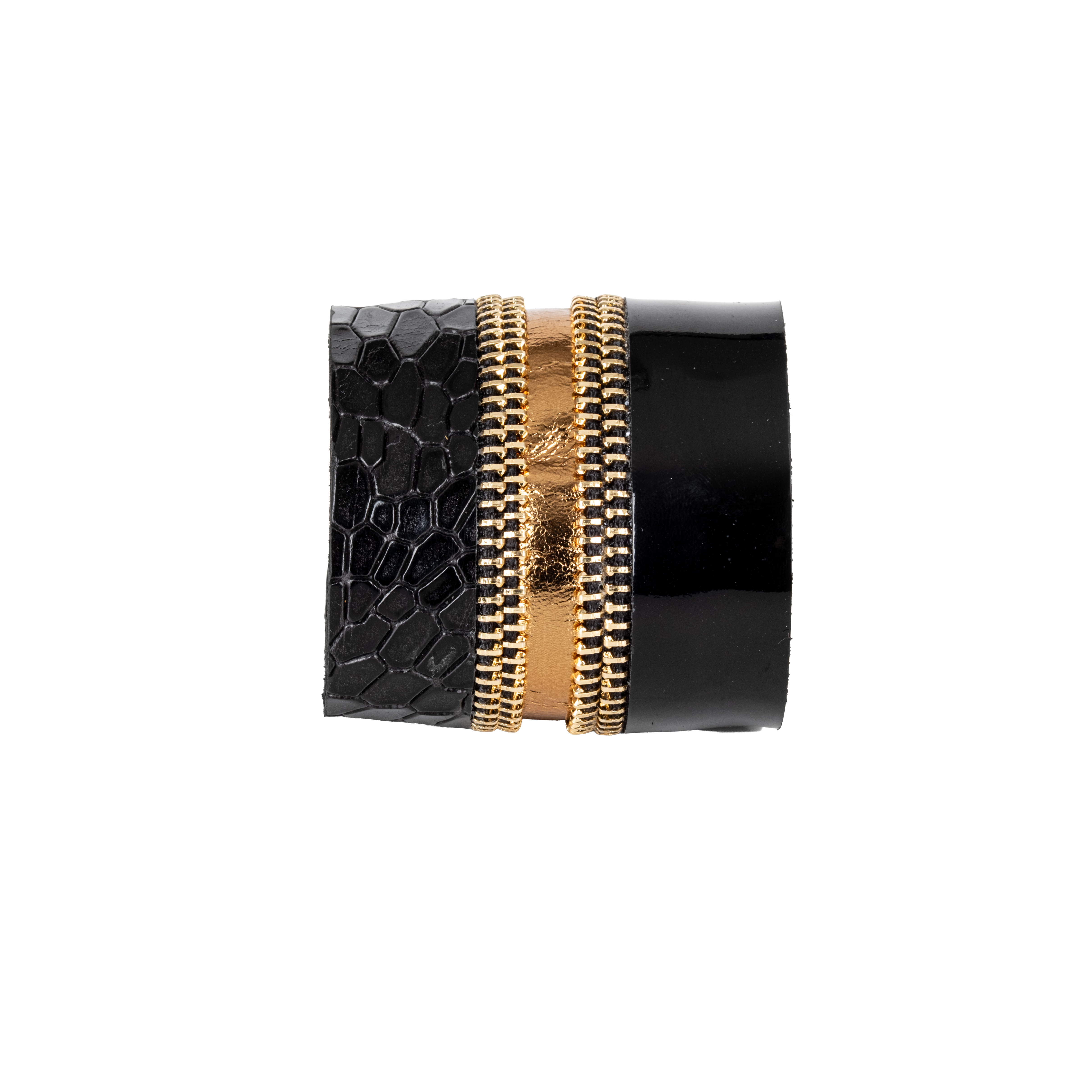 Black leather cuff bracelet with gold metallic center and zipper detail, textured reptile leather statement bracelet by THE DARK