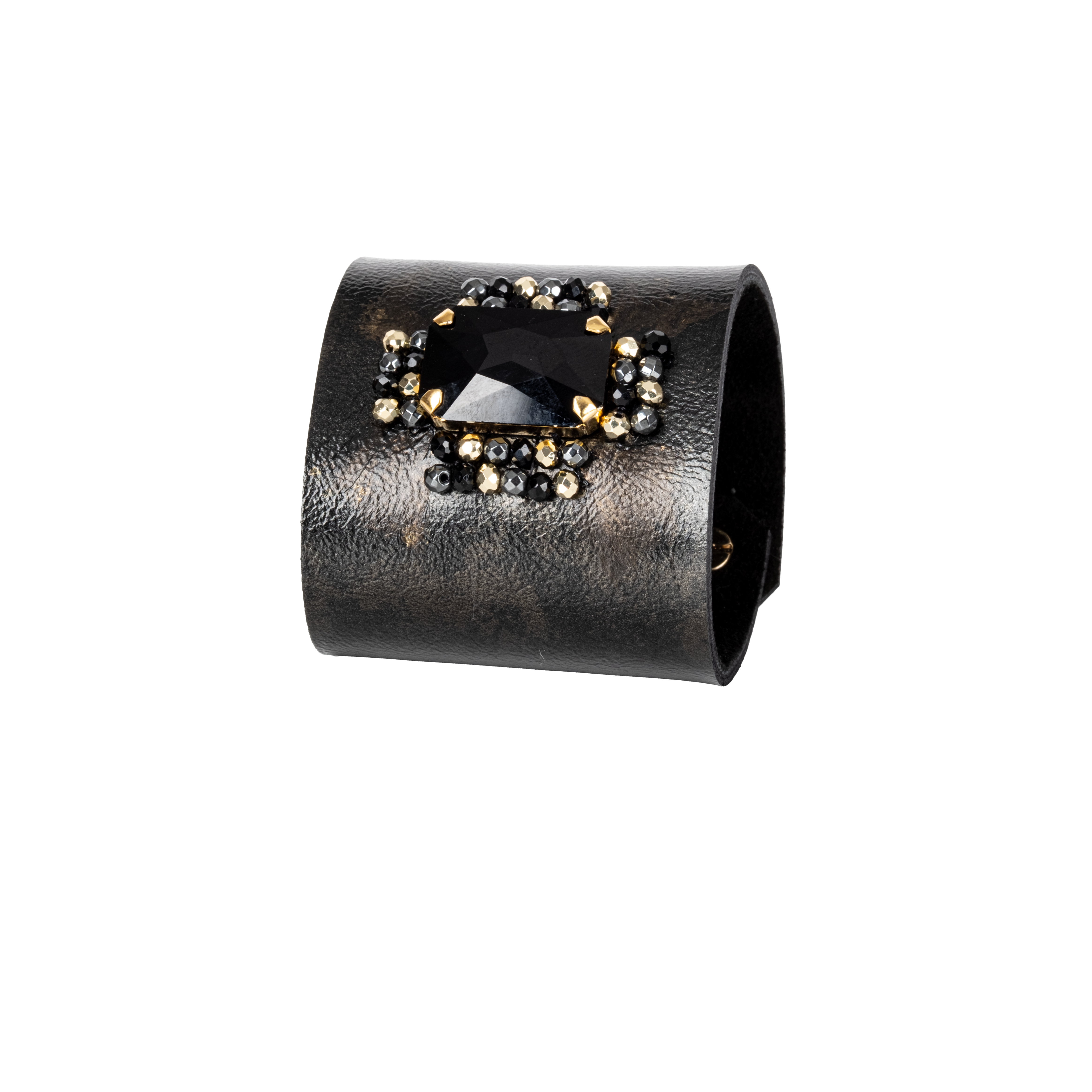 Black leather cuff bracelet with large black crystal centerpiece and gold bead details, handmade statement bracelet by THE DARK
