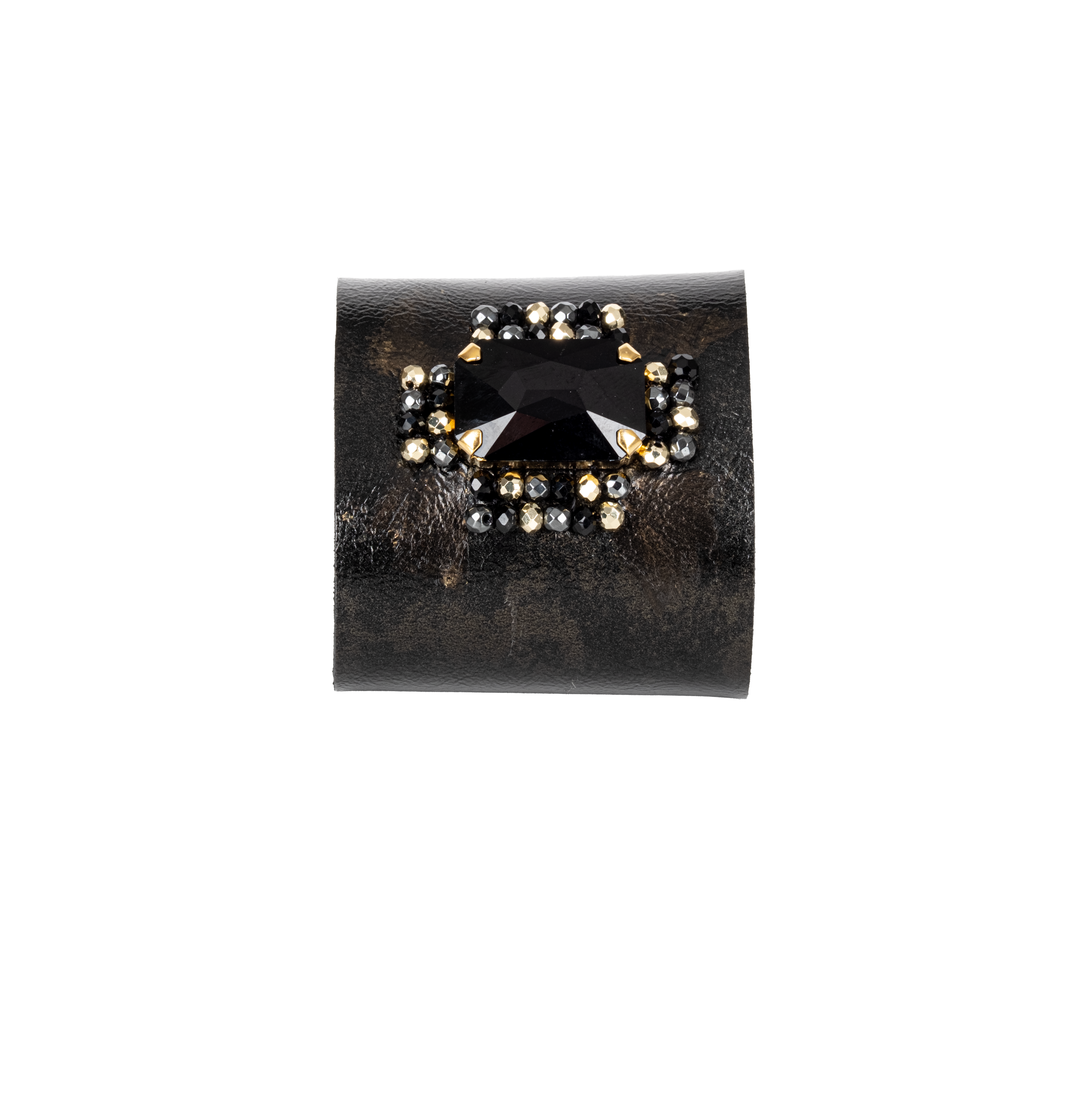 Black leather cuff bracelet with large black crystal centerpiece and gold bead details, handmade statement bracelet by THE DARK