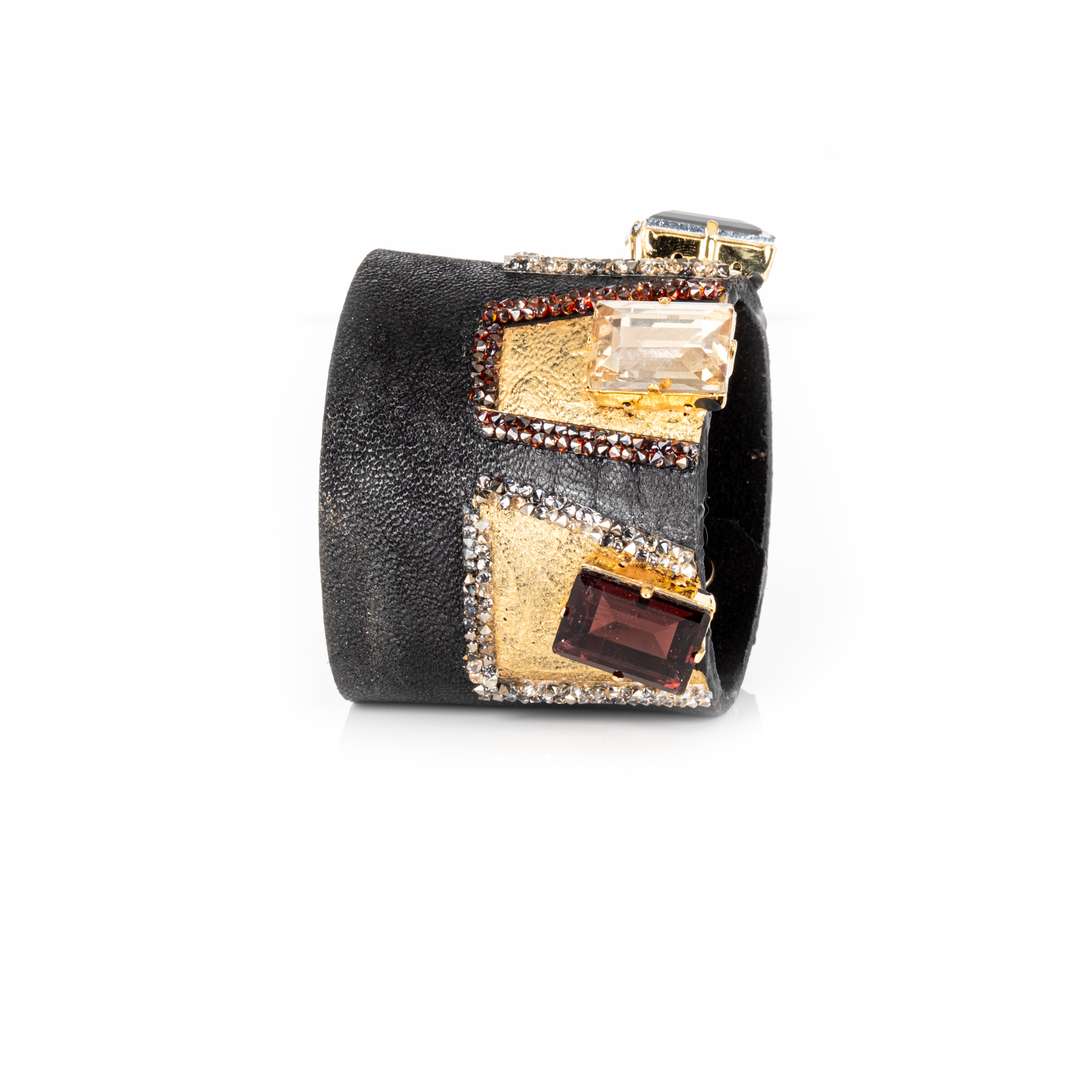 Black leather cuff bracelet with geometric gold panels and champagne and garnet crystals, handmade statement bracelet by THE DARK