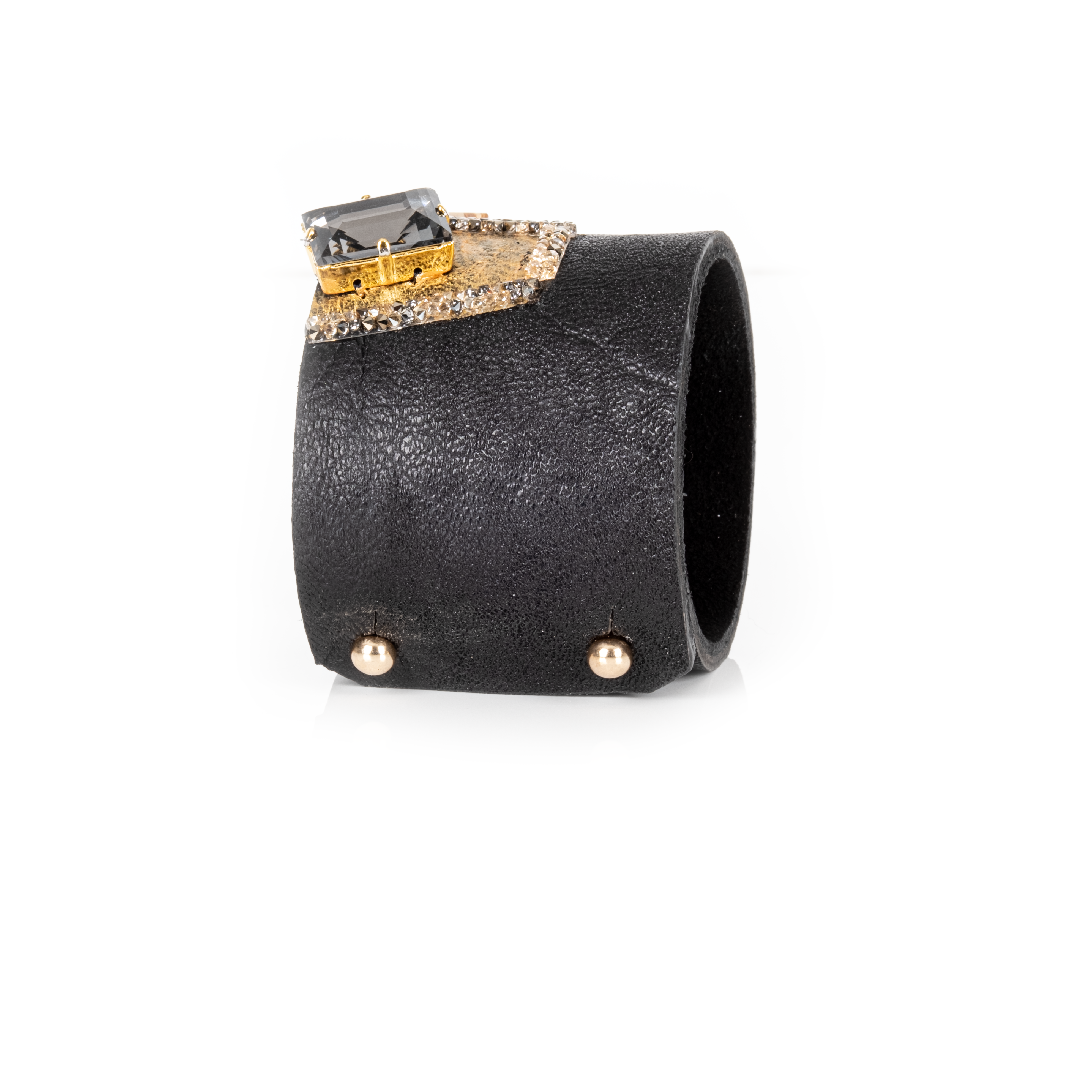 Black leather cuff bracelet with geometric gold panels and champagne and garnet crystals, handmade statement bracelet by THE DARK