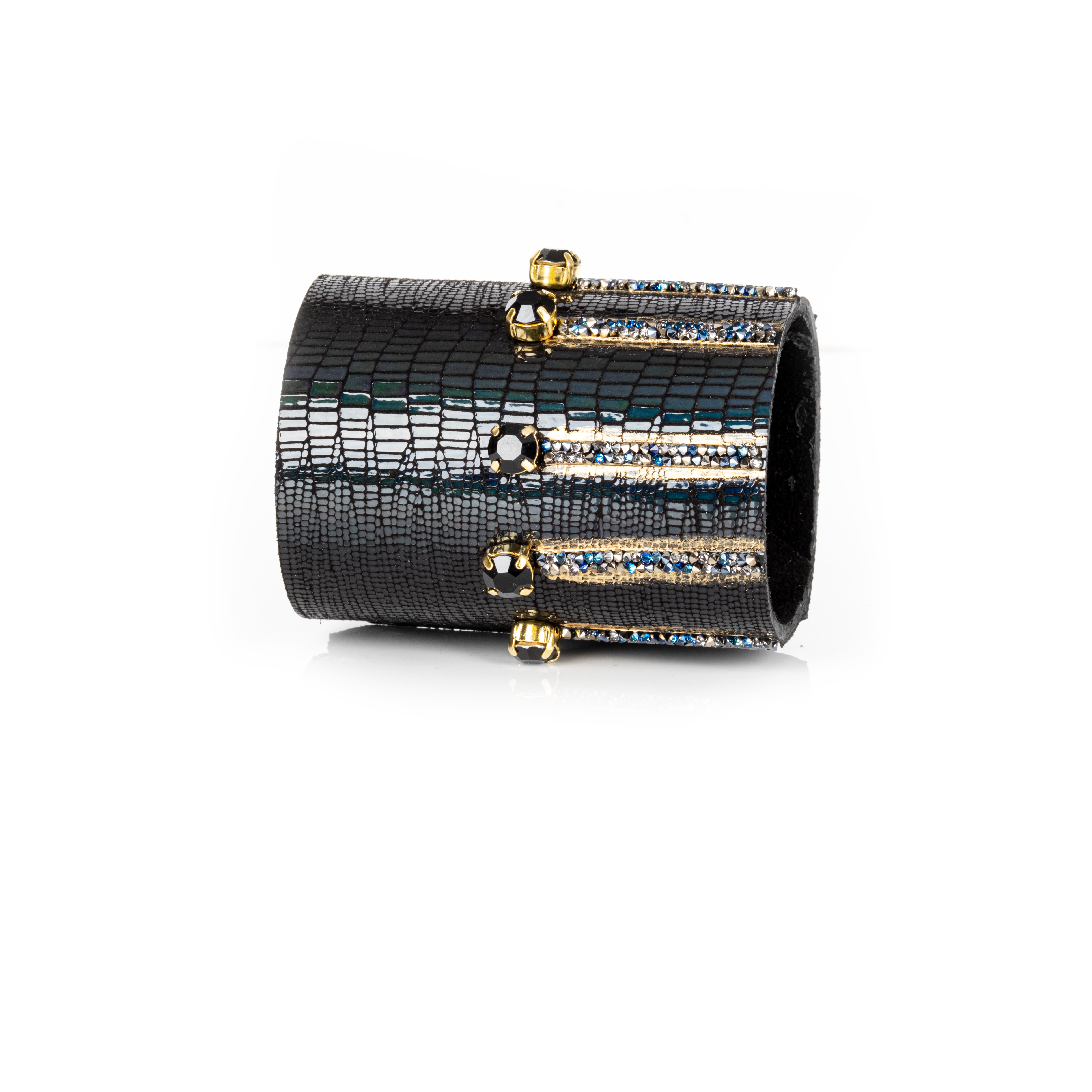 Black lizard leather cuff bracelet with gold crystal bars and blue crystal accents, handmade statement bracelet by THE DARK