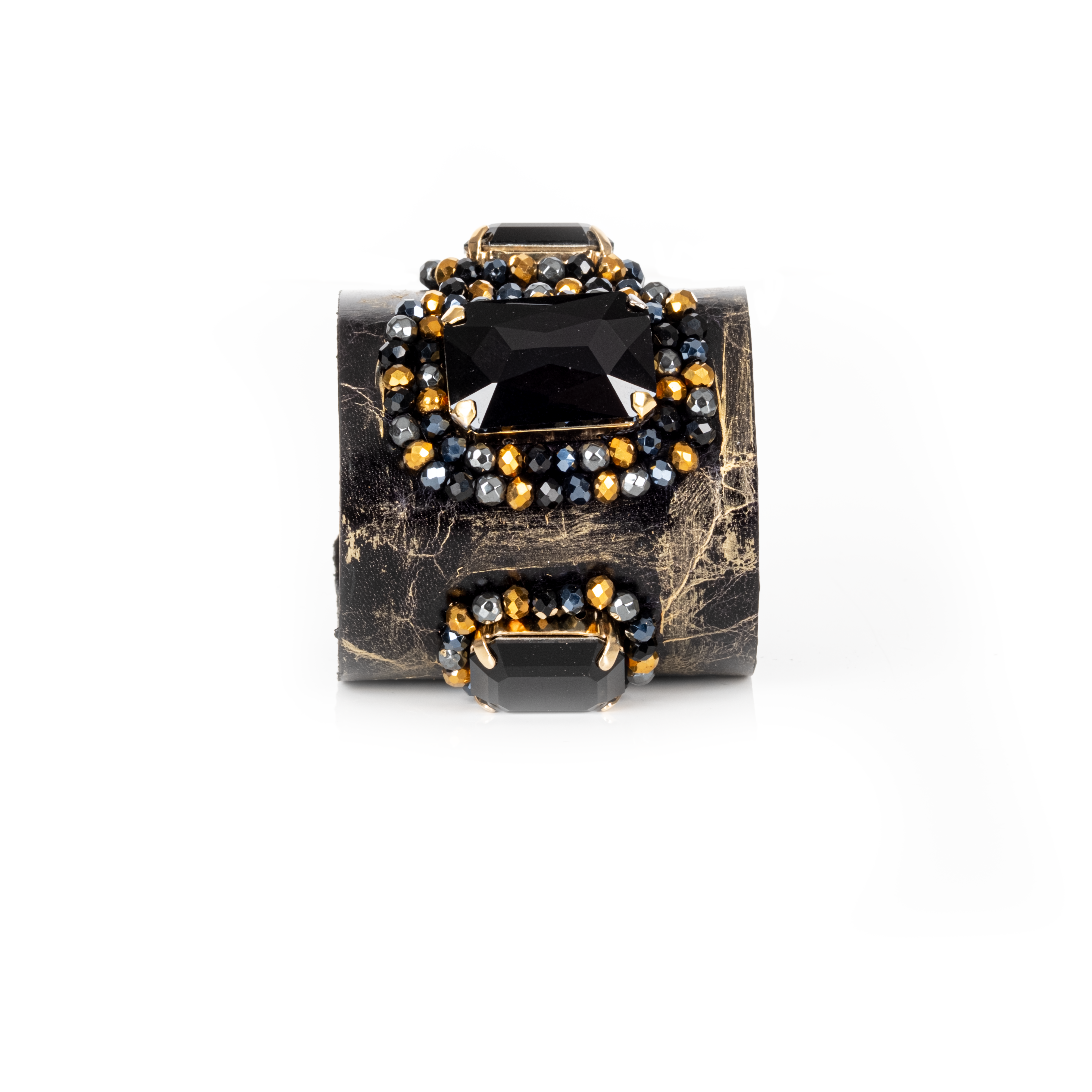Black leather cuff bracelet with large black faceted crystal and gold bead embellishments, handmade statement bracelet by THE DARK