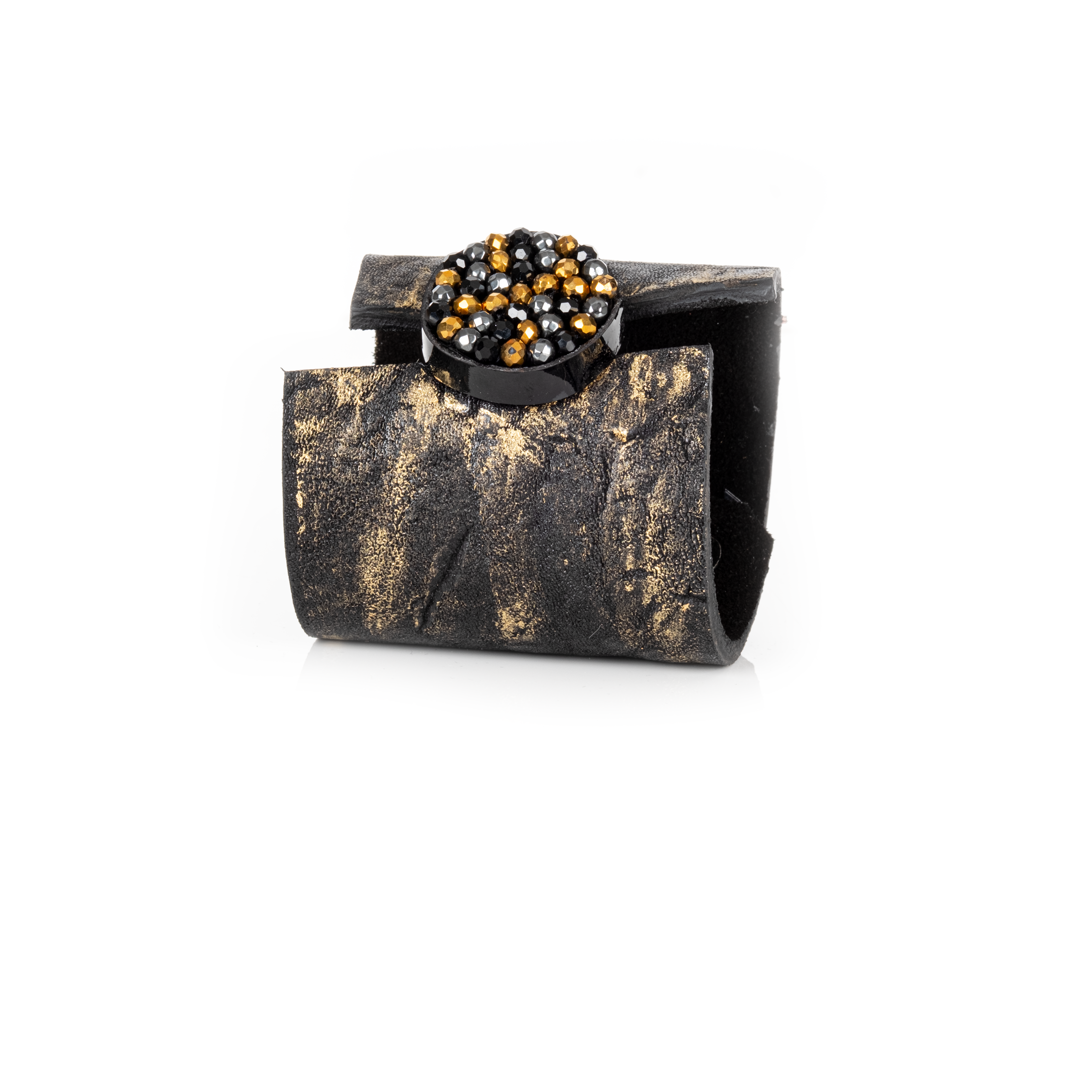 Black leather cuff bracelet with gold brushed texture and round black and gold crystal cluster centerpiece, handmade bracelet by THE DARK