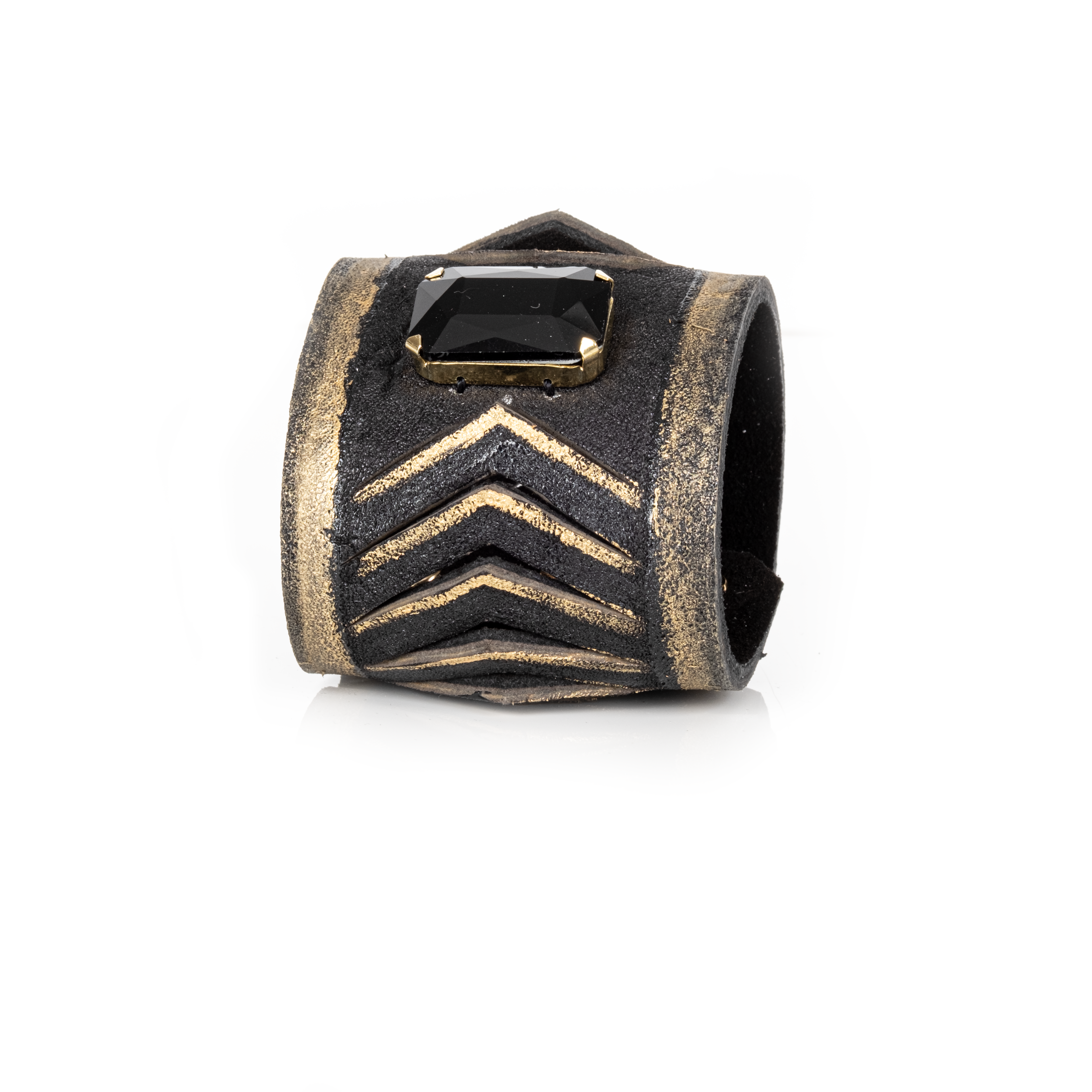 Black leather cuff bracelet with gold chevron detailing and rectangular black crystal centerpiece, handmade statement bracelet by THE DARK