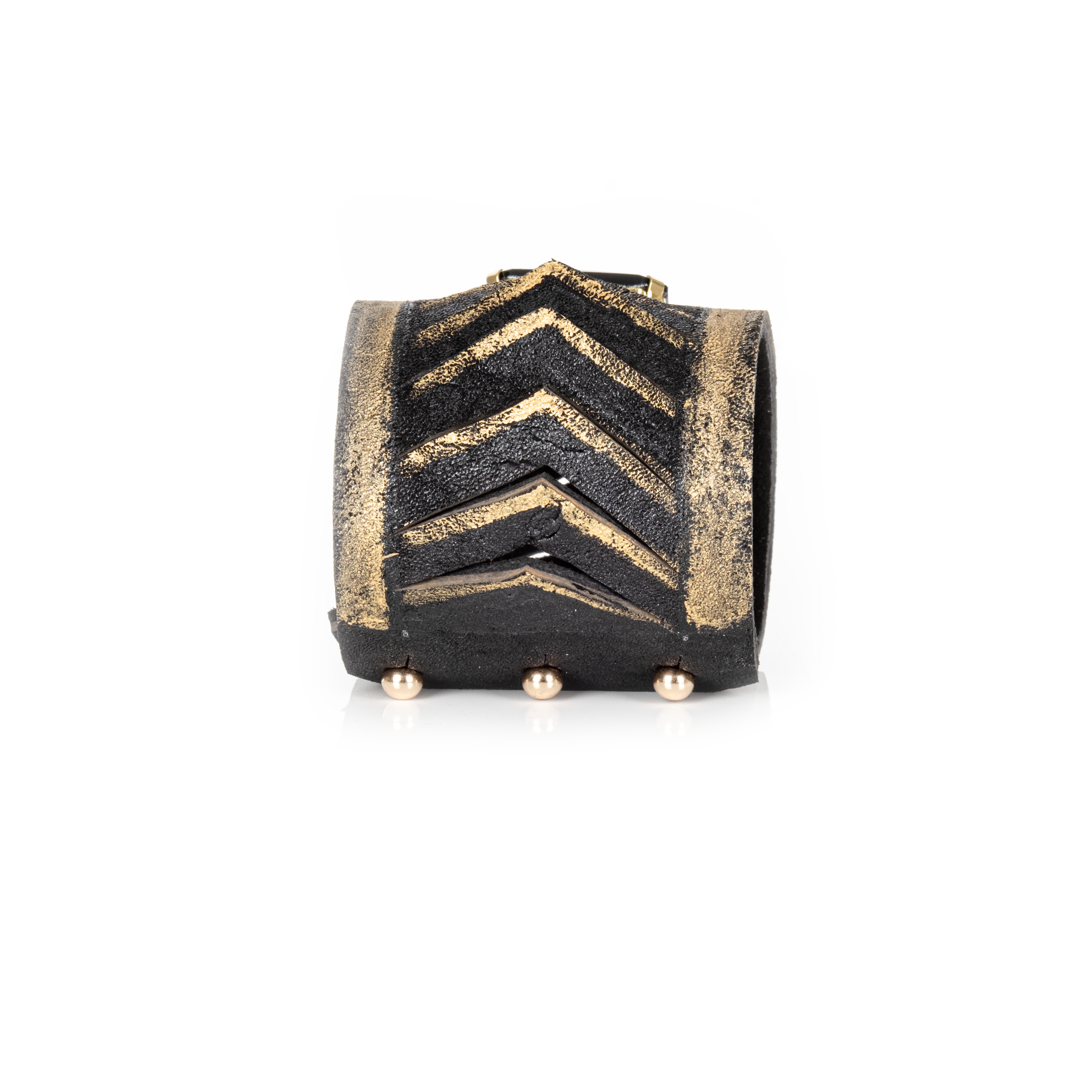 Black leather cuff bracelet with gold chevron detailing and rectangular black crystal centerpiece, handmade statement bracelet by THE DARK