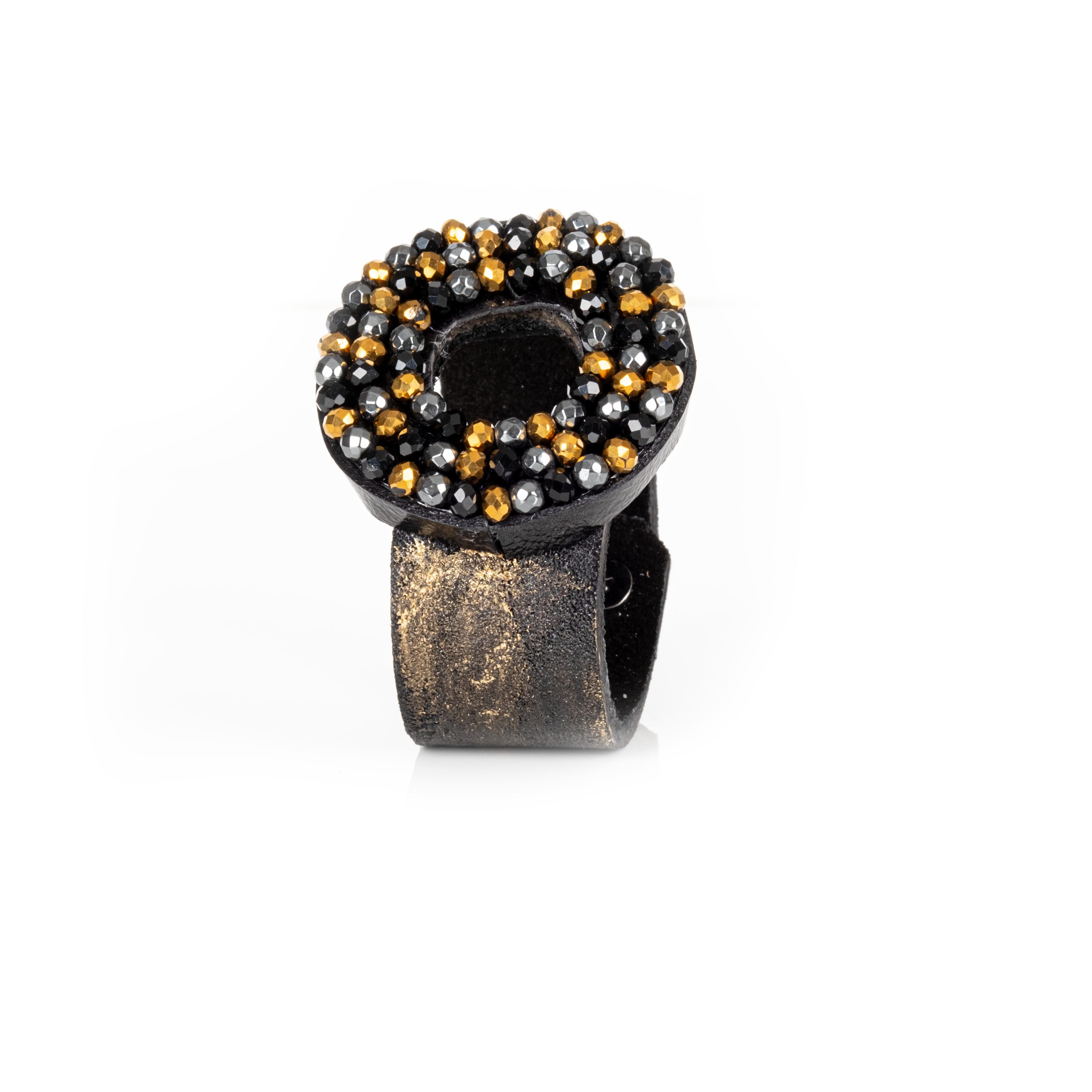 Black leather cuff bracelet with circular halo of black, gunmetal and gold crystals, handmade statement bracelet by THE DARK