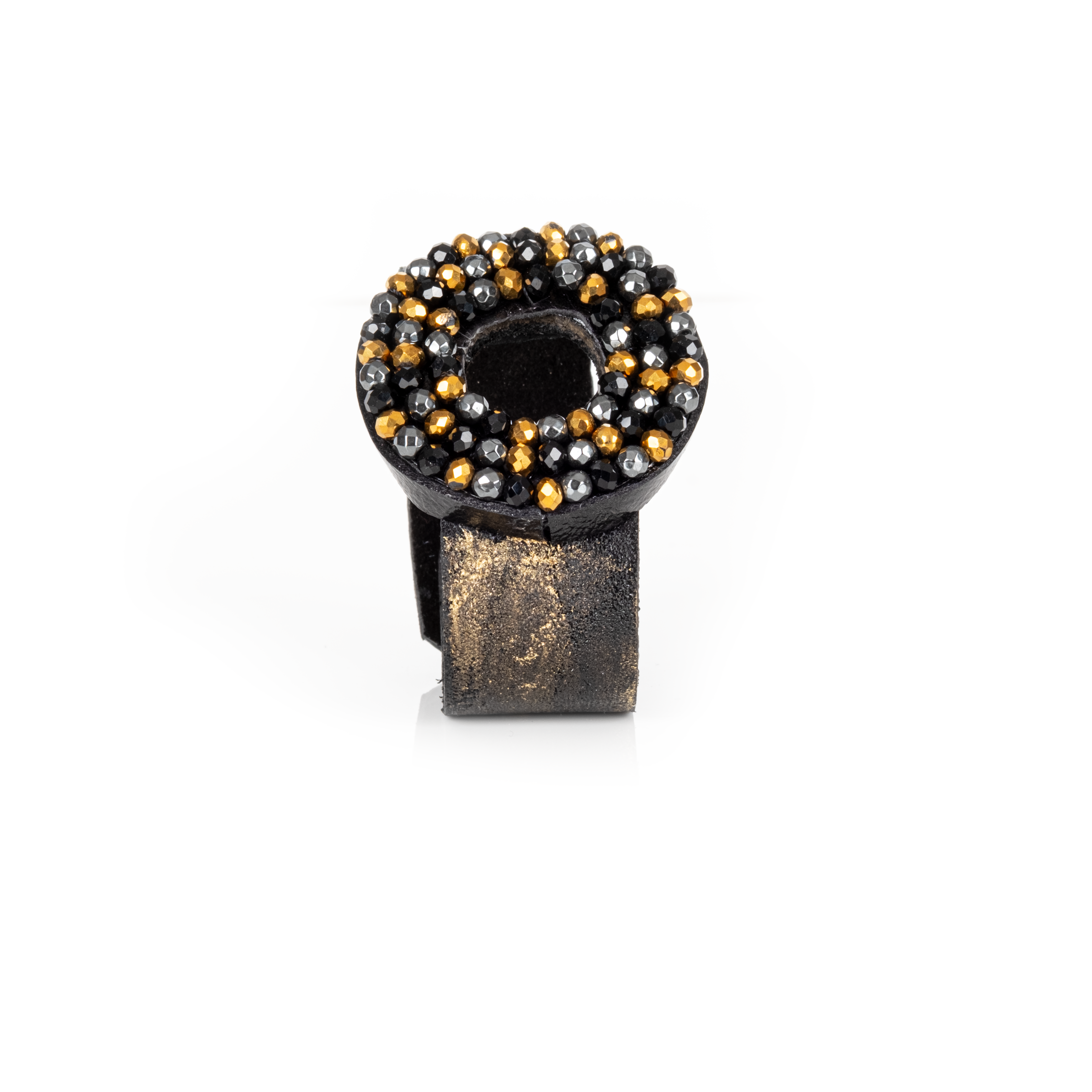 Black leather cuff bracelet with circular halo of black, gunmetal and gold crystals, handmade statement bracelet by THE DARK