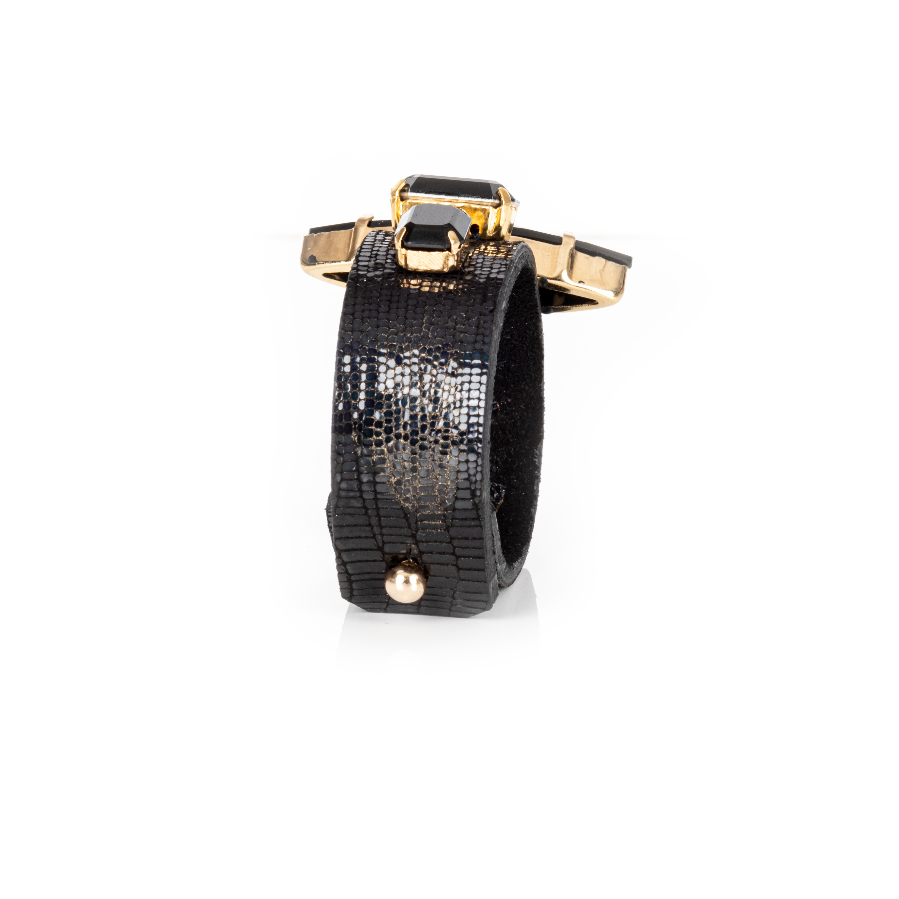 Black leather cuff bracelet with oversized black crystal centerpiece and geometric crystal accents, handmade statement bracelet by THE DARK