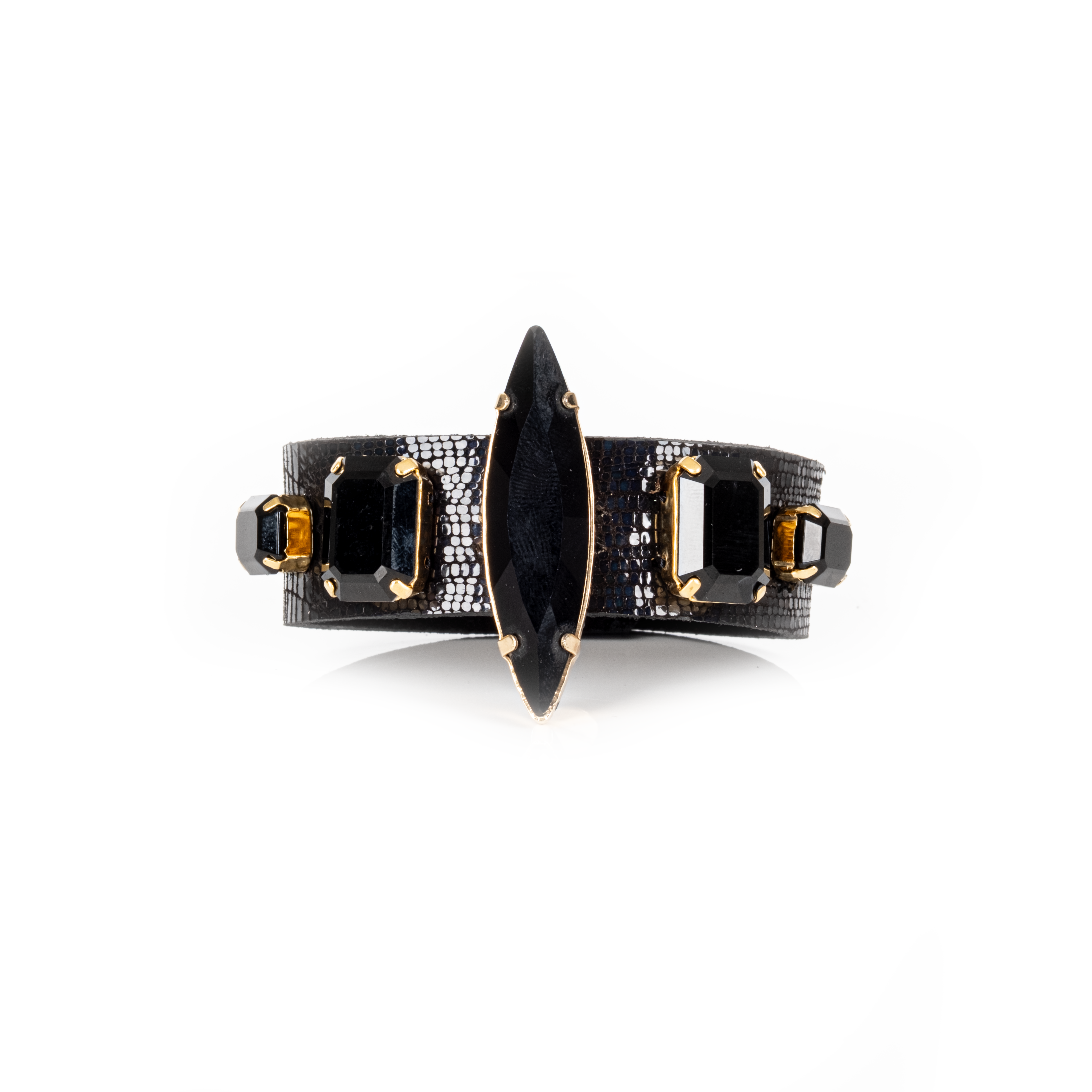 Black leather cuff bracelet with oversized black crystal centerpiece and geometric crystal accents, handmade statement bracelet by THE DARK